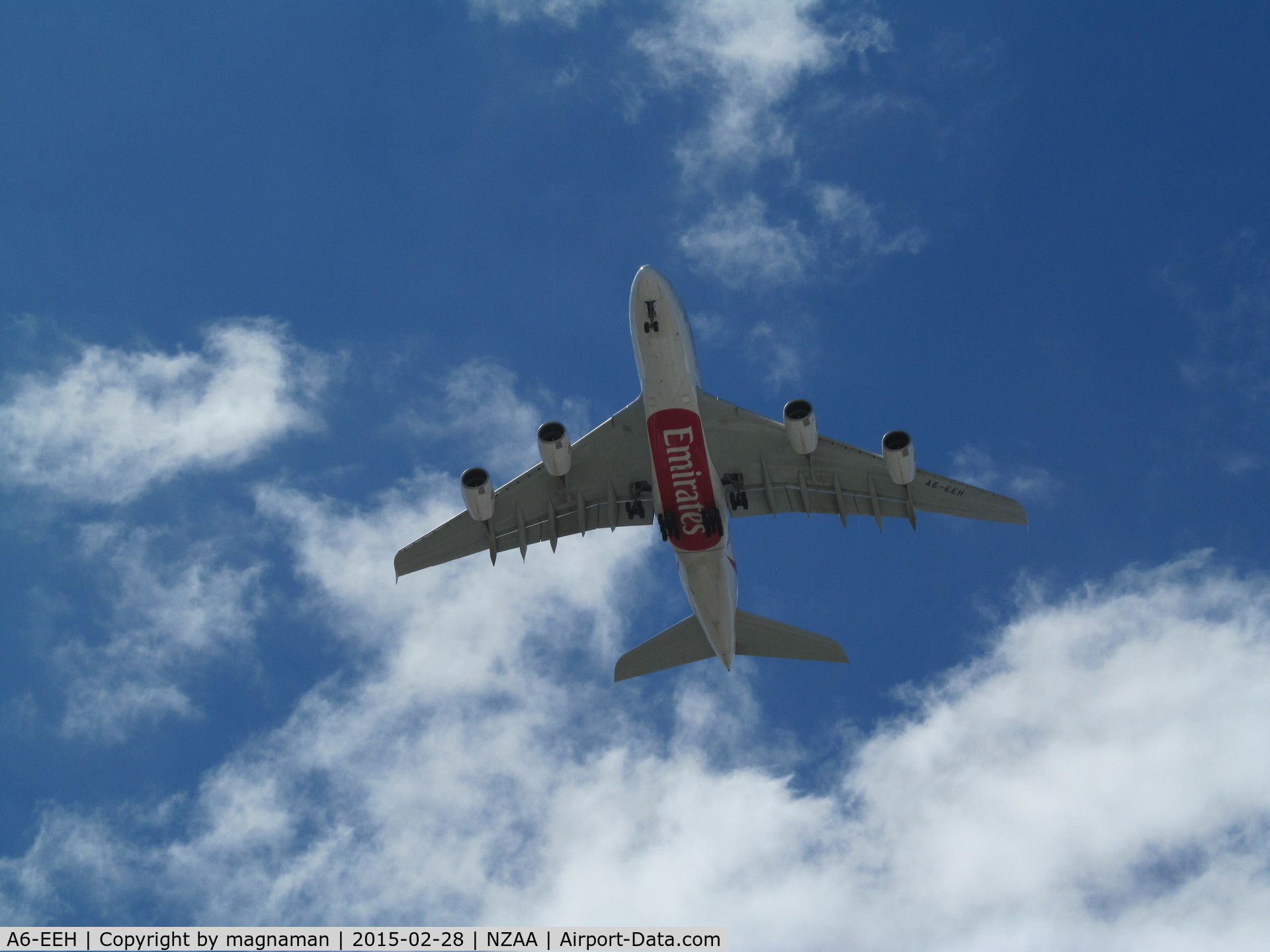 A6-EEH, 2013 Airbus A380-861 C/N 119, on short finals over manukau city