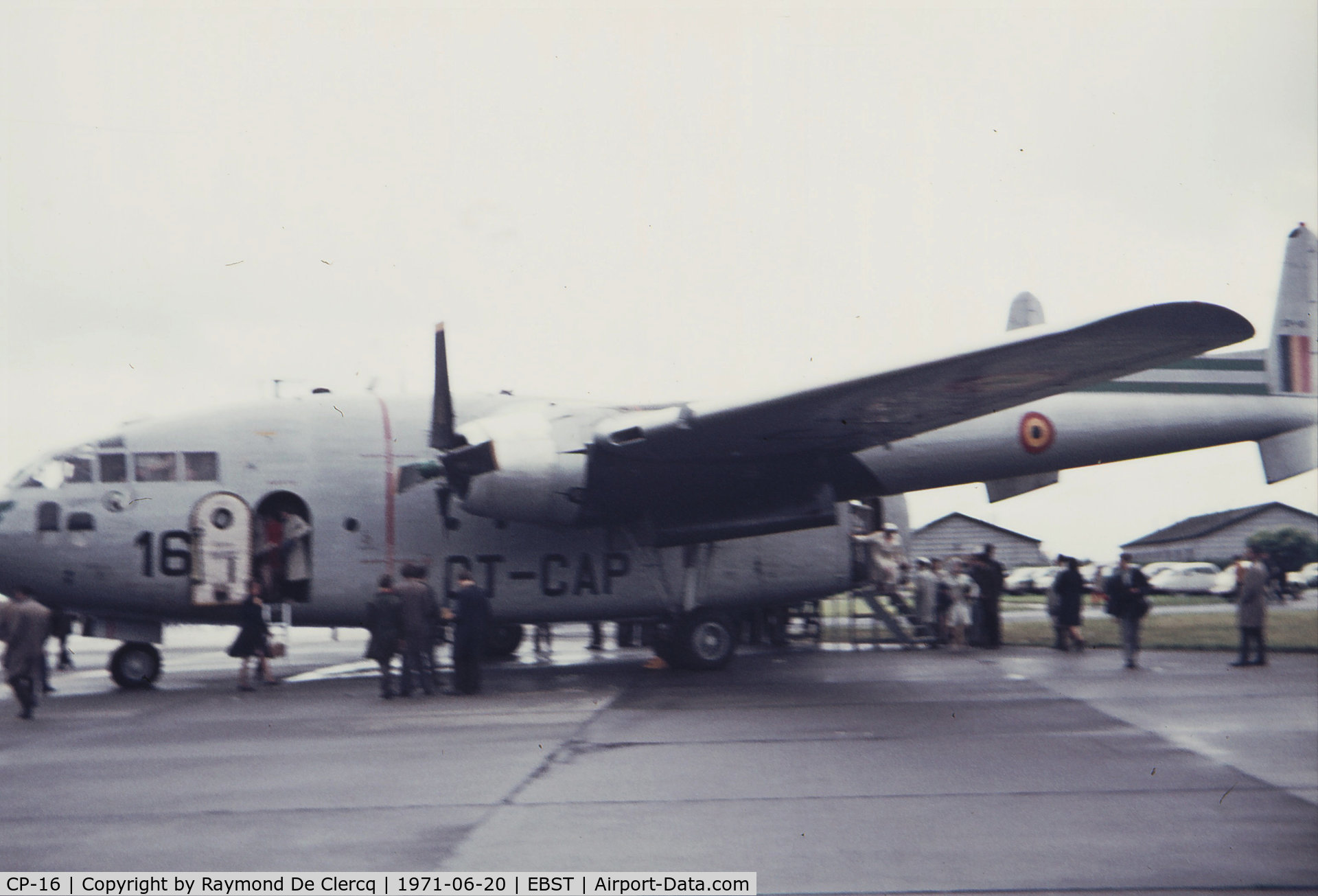 CP-16, 1951 Fairchild C-119G Flying Boxcar C/N 10696, At BAF meeting Brustem in 1971. CP-16 was ex USAF 51-2707 C-119F,  Later converted to C-119G and ended service in 1975.
Not so good photo,sorry.