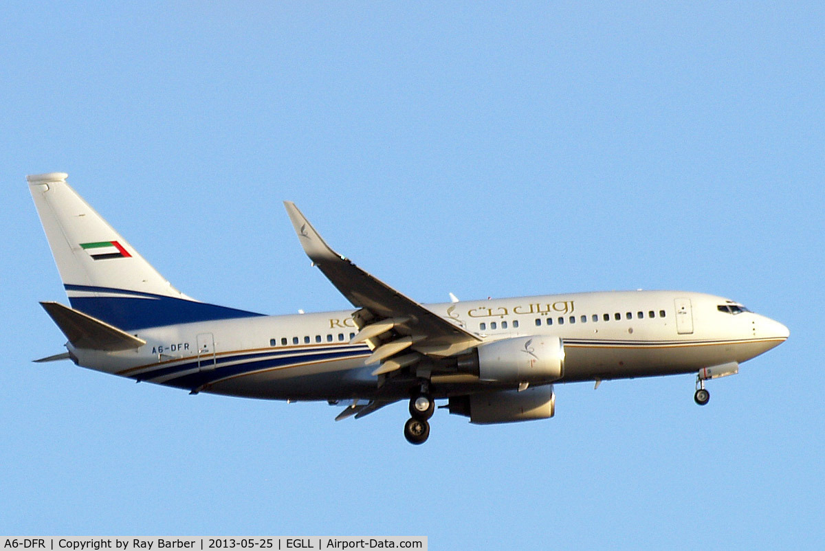 A6-DFR, 2001 Boeing 737-7BC C/N 30884, Boeing 737-7BC [30884] (Royal Jet) Home~G 25/05/2013. On approach 27L.