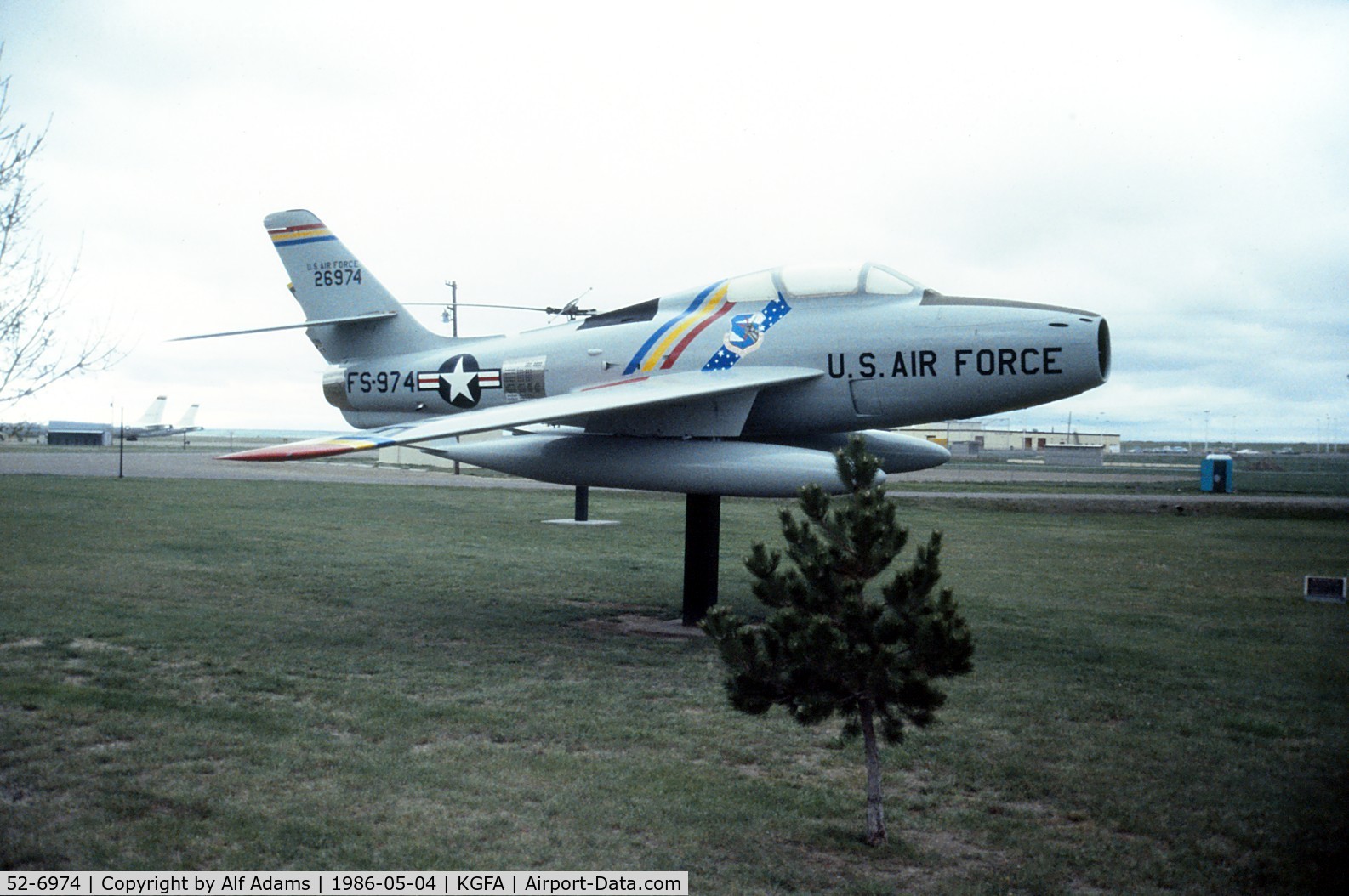 52-6974, 1952 Republic F-84F Thunderstreak C/N Not found 52-6969, Displayed at Malmstrom Air Force Base, Great Falls, Montana in 1986.