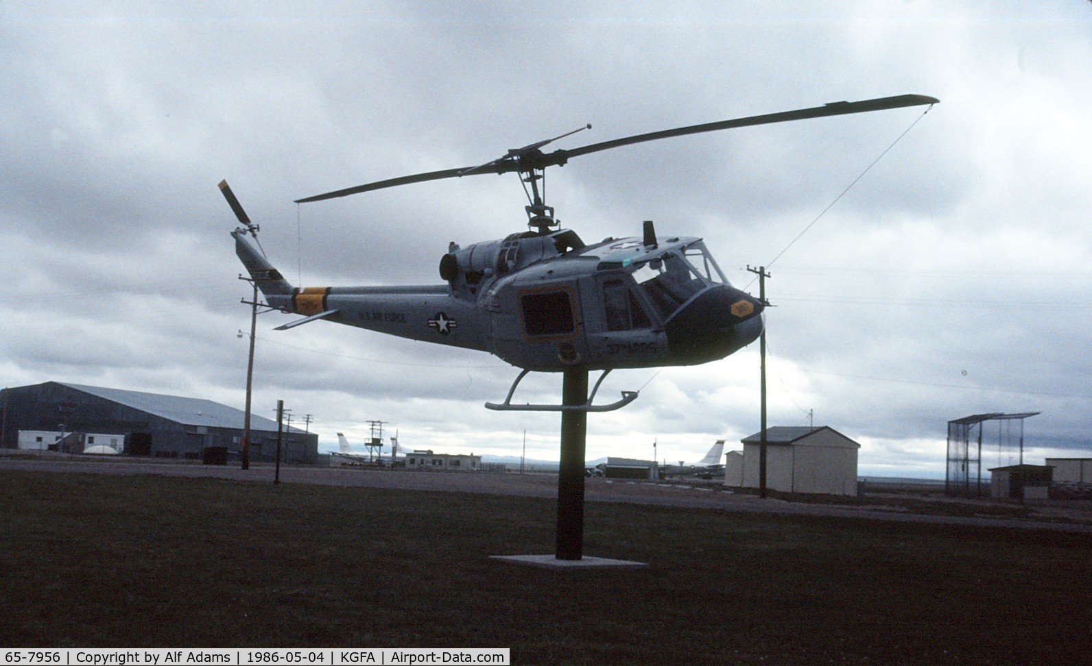 65-7956, Bell UH-1F Iroquois C/N 7097, Displayed at Malmstrom Air Force Base, Great Falls, Montana in 1986.