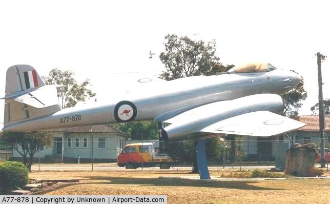 A77-878, 1952 Gloster Meteor F.8 C/N WK907, Mounted on 27th November 1973 at RAAF Villawood. 
A significant Landmark for people that lived in the area. 
It had been mounted for over 15 years.