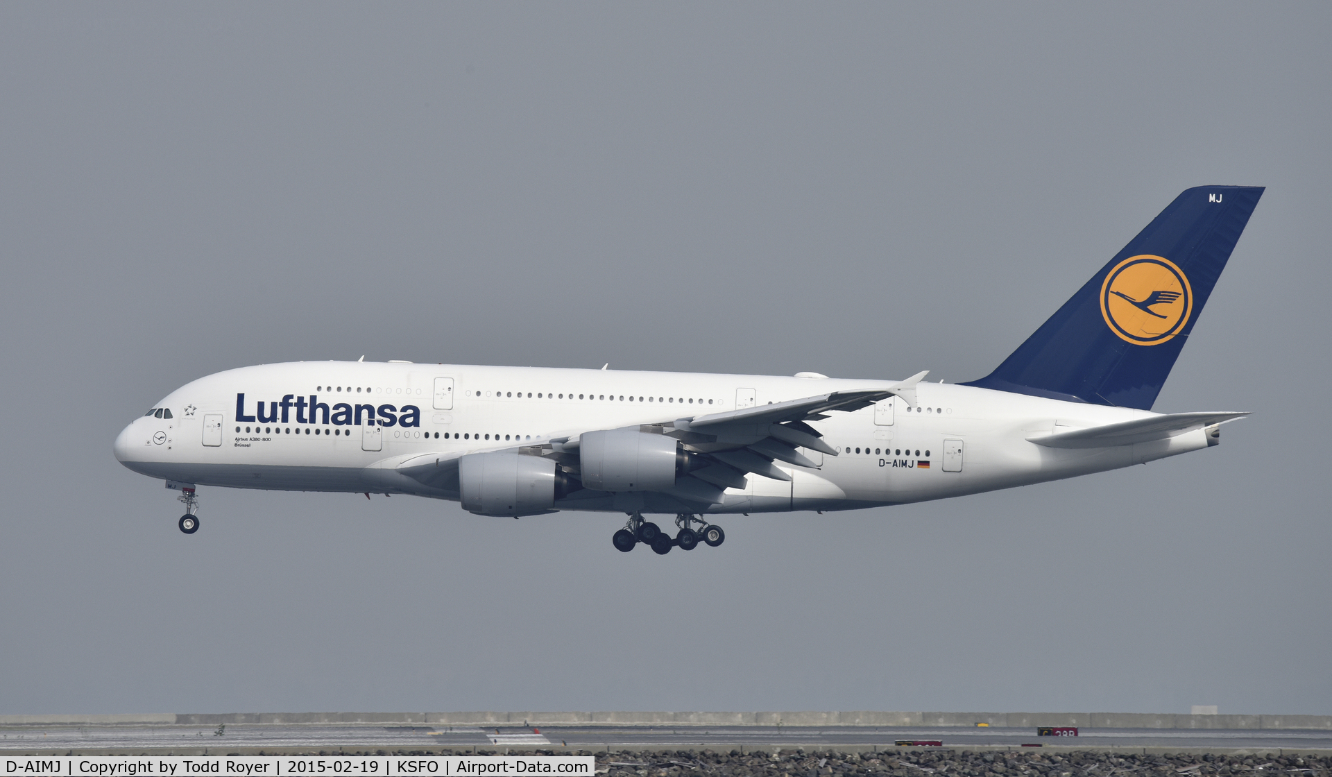 D-AIMJ, 2011 Airbus A380-841 C/N 073, Landing at SFO