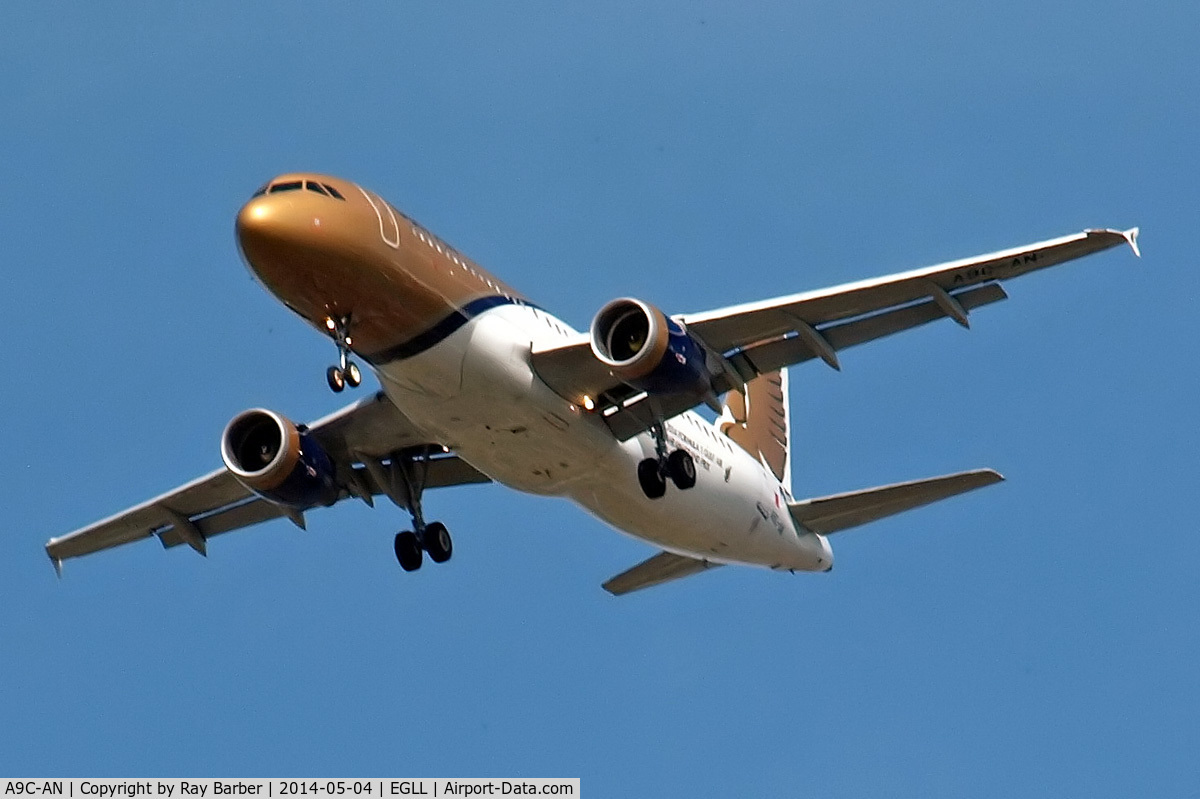 A9C-AN, 2011 Airbus A320-214 C/N 4865, Airbus A320-214 [4865] (Gulf Air) Home~G 04/05/2014. On approach 27R.