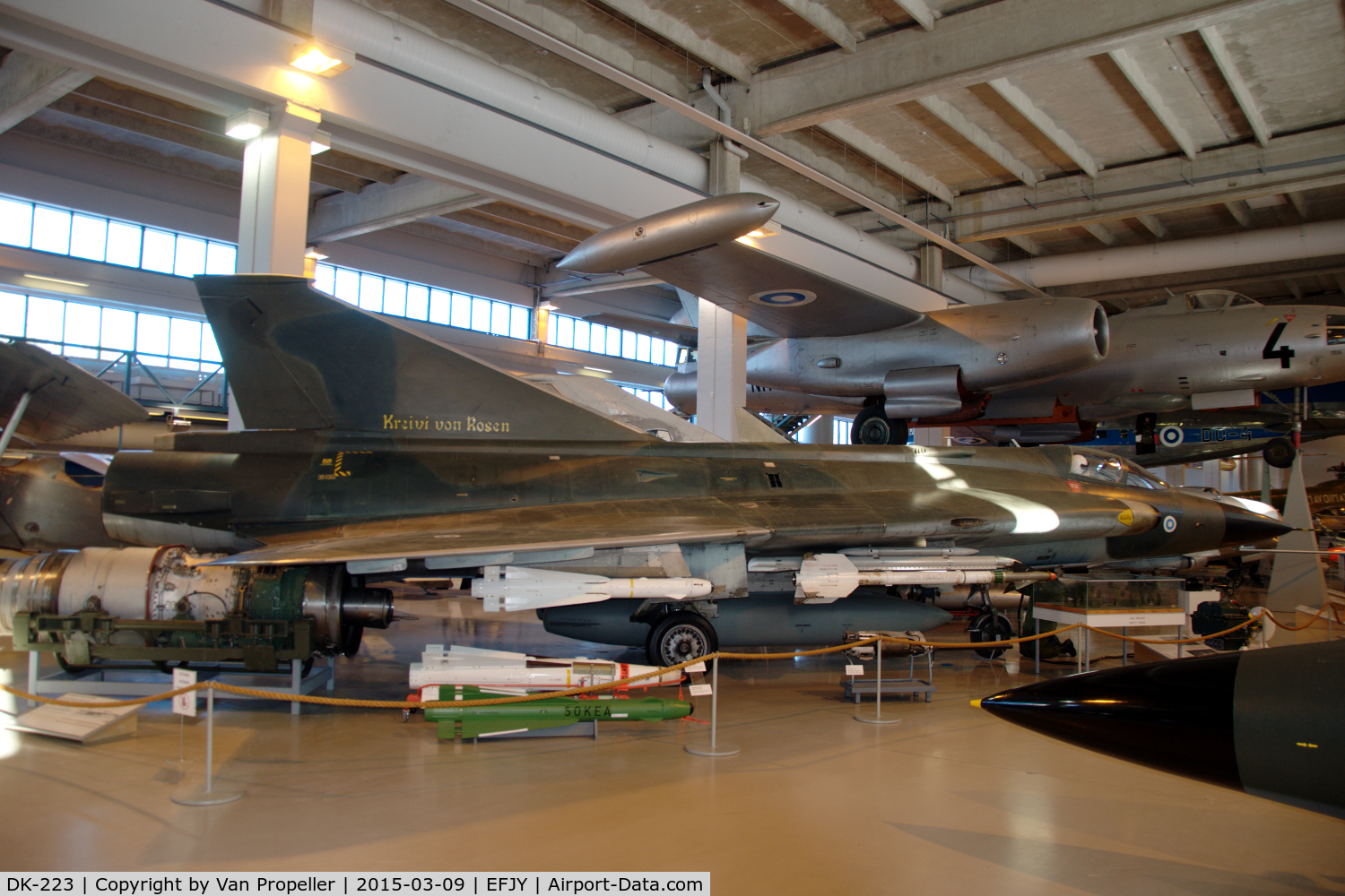 DK-223, Saab J-35XS Draken C/N 35-1312, Saab 35XS Draken fighter of the Finnish Air Force on display in the Aviation Museum of Central Finland at Tikkakoski.