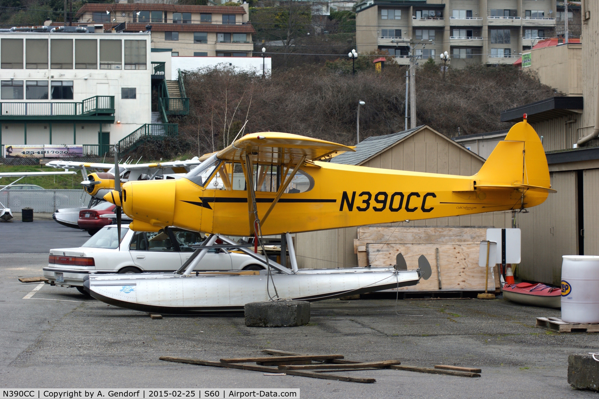 N390CC, 2002 Piper/cub Crafters PA-18-150 C/N 9944CC, Kenmore Air (untitled), is here on the maintenence apron at the Kenmore Air Seaplane Base(S60)