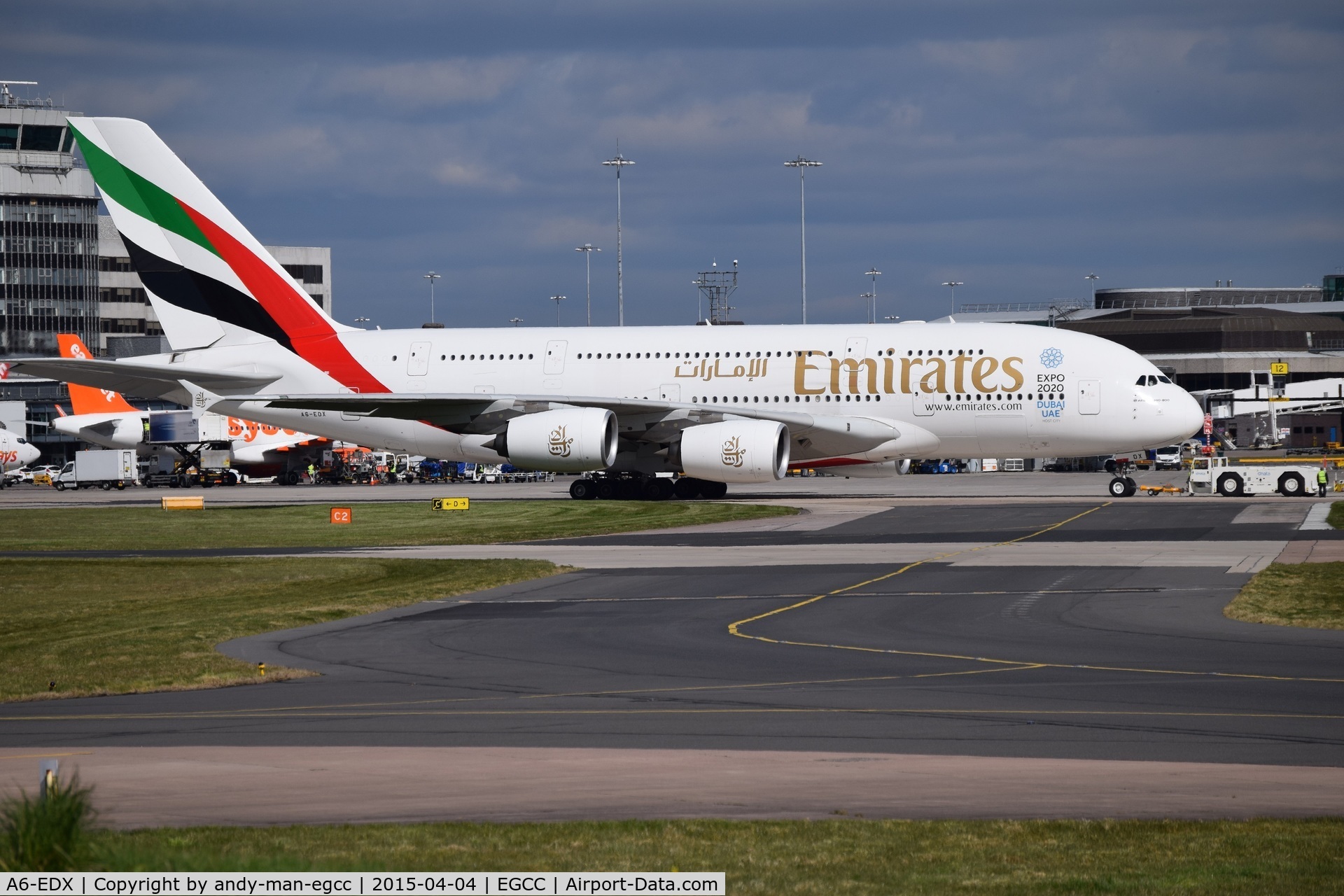 A6-EDX, 2012 Airbus A380-861 C/N 105, aircraft all set to taxi to the runway