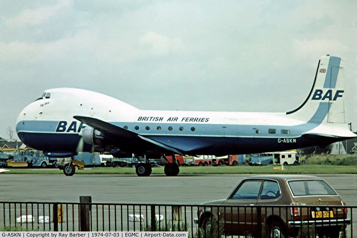 G-ASKN, 1964 Aviation Traders ATL-98 Carvair C/N 3058/ATL98/13, Aviation Traders ATL-98 Carvair [13] (British Air Ferries) Southend~G 03/07/1974. From a slide.