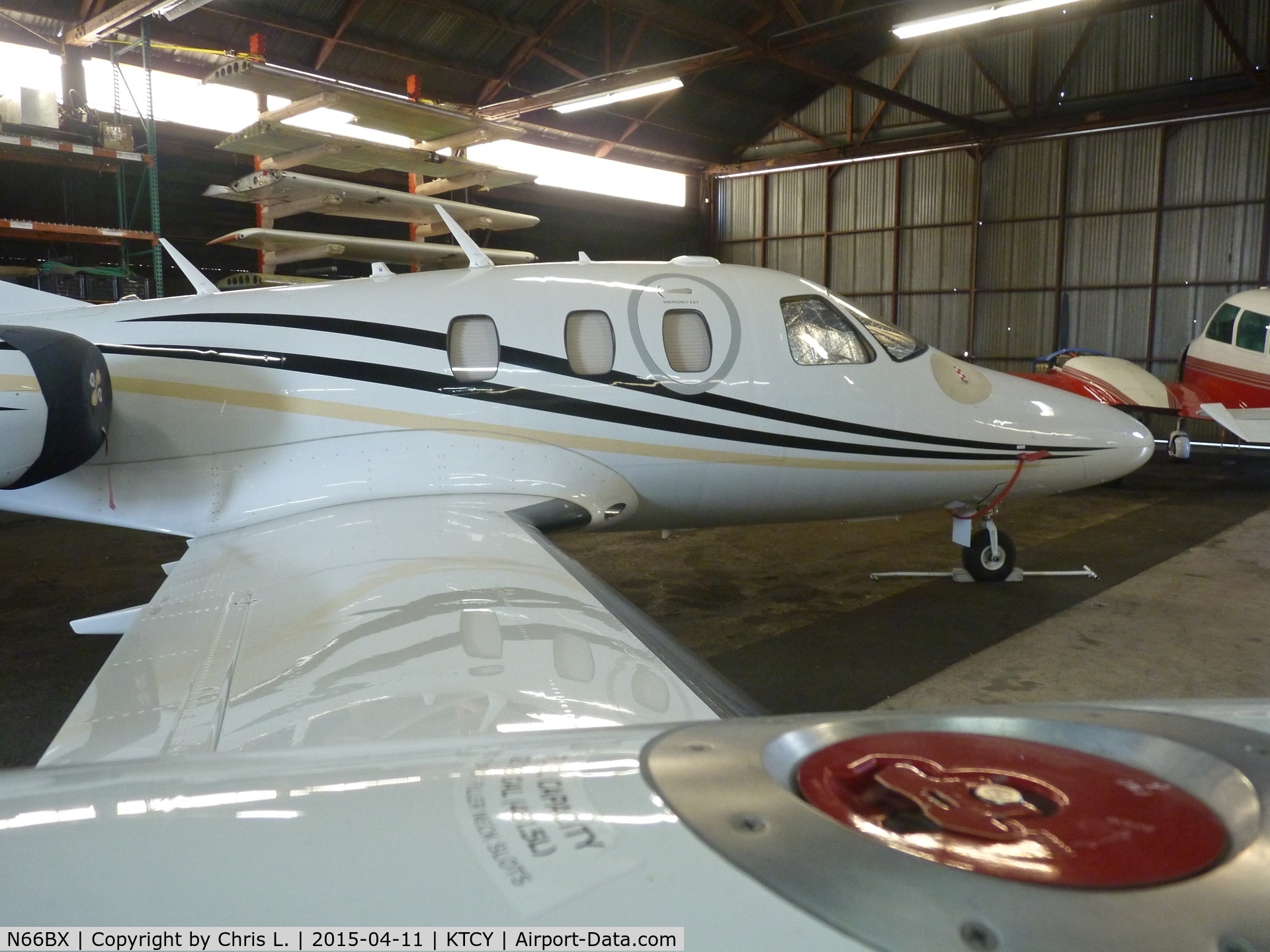 N66BX, 2008 Eclipse Aviation Corp EA500 C/N 000154, A rare 2008 Eclipse 500 sitting inside the Skyview Aviation hangar at Tracy Municipal Airport.