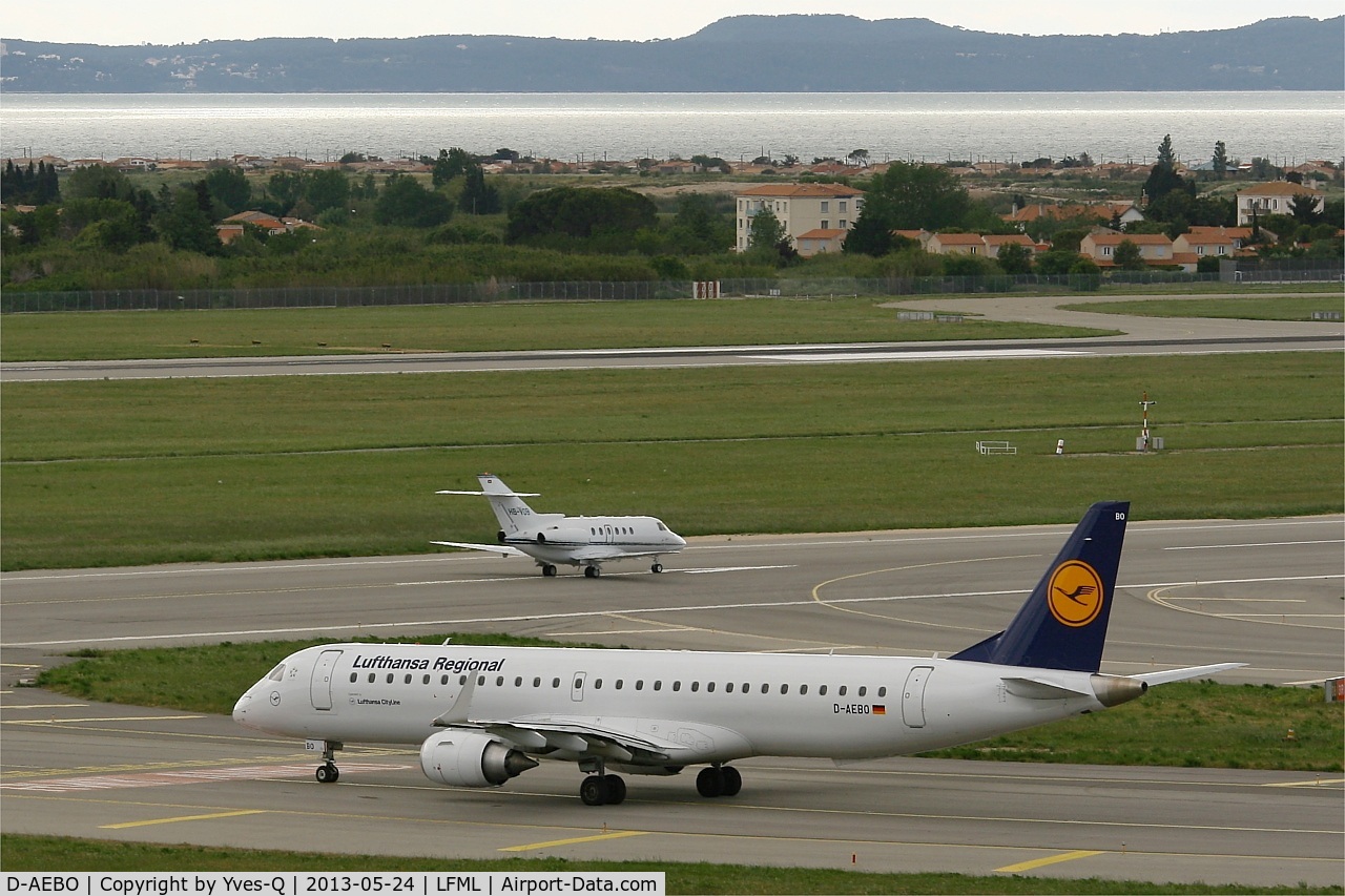 D-AEBO, 2012 Embraer 195LR (ERJ-190-200LR) C/N 19000542, Embraer ERJ-190-200LR 195LR, Holding point Rwy 31R, Marseille-Provence Airport (LFML-MRS)