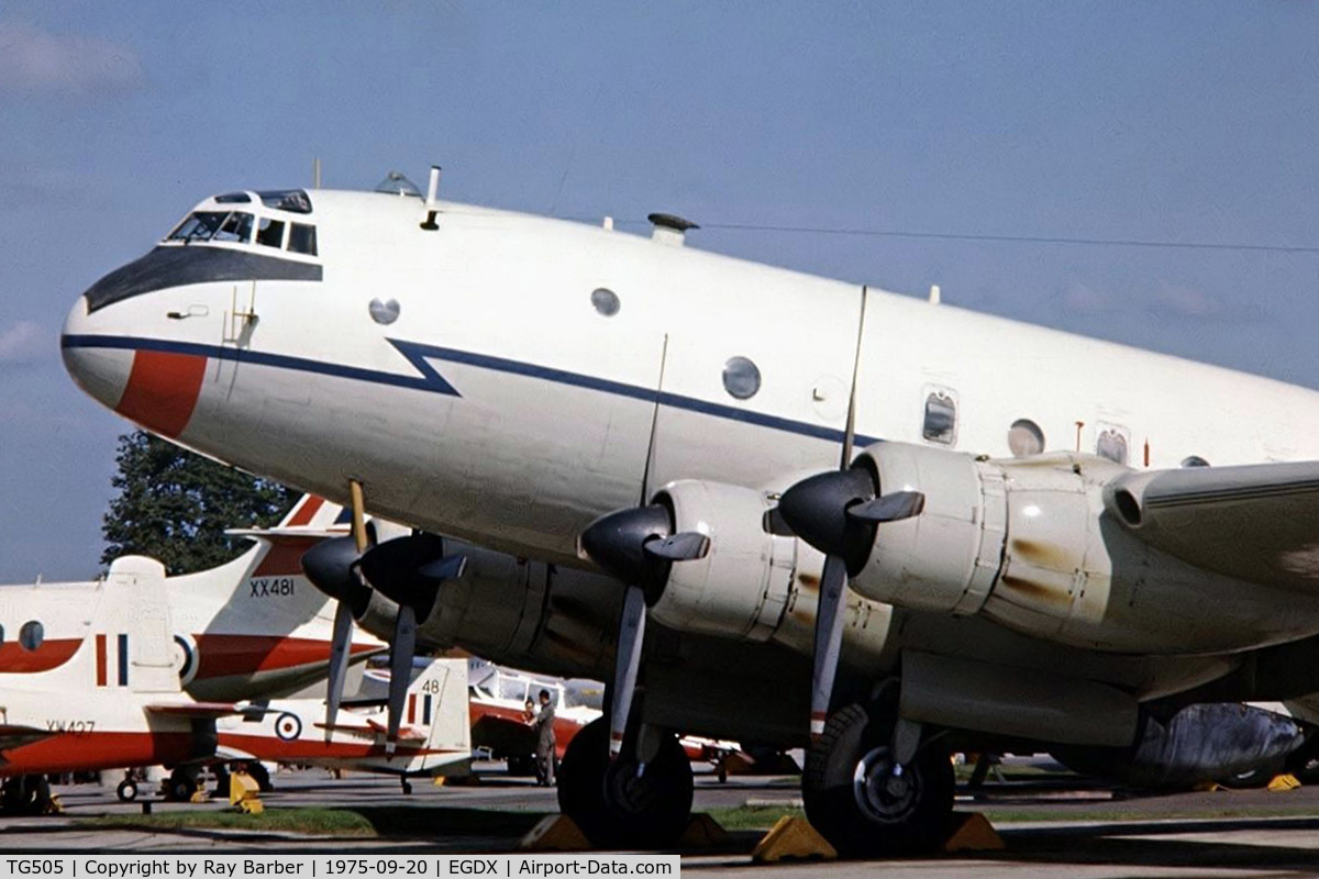 TG505, Handley Page Hastings T.5 C/N HP67/9, Handley Page Hastings T.5 [HP67/9] (Royal Air Force) RAF St Athan~G 20/09/1975. Closer image of the nose area. From a slide.