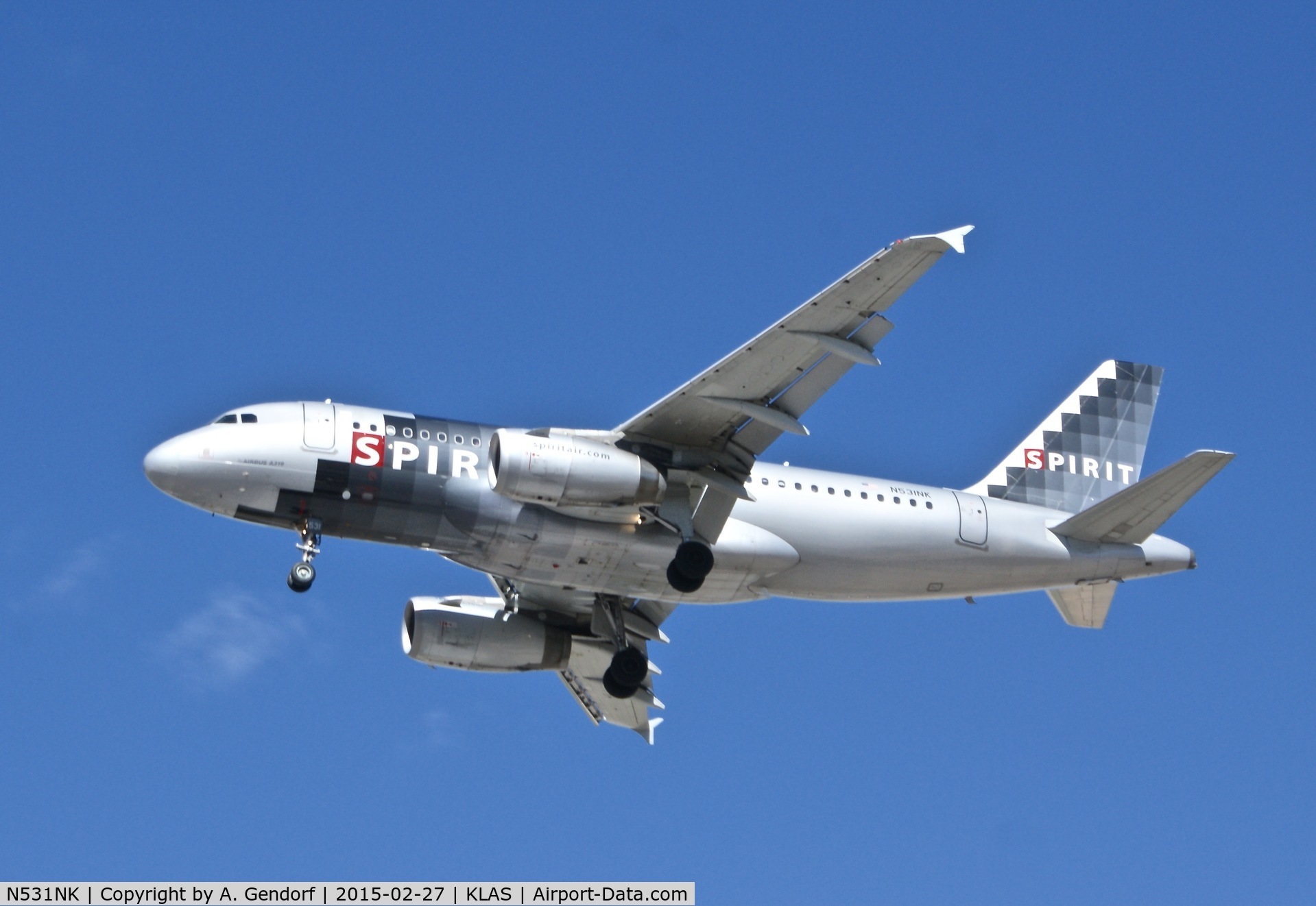 N531NK, 2007 Airbus A319-132 C/N 3026, Spirit Airlines, is here landing at Las Vegas Int'l(KLAS)