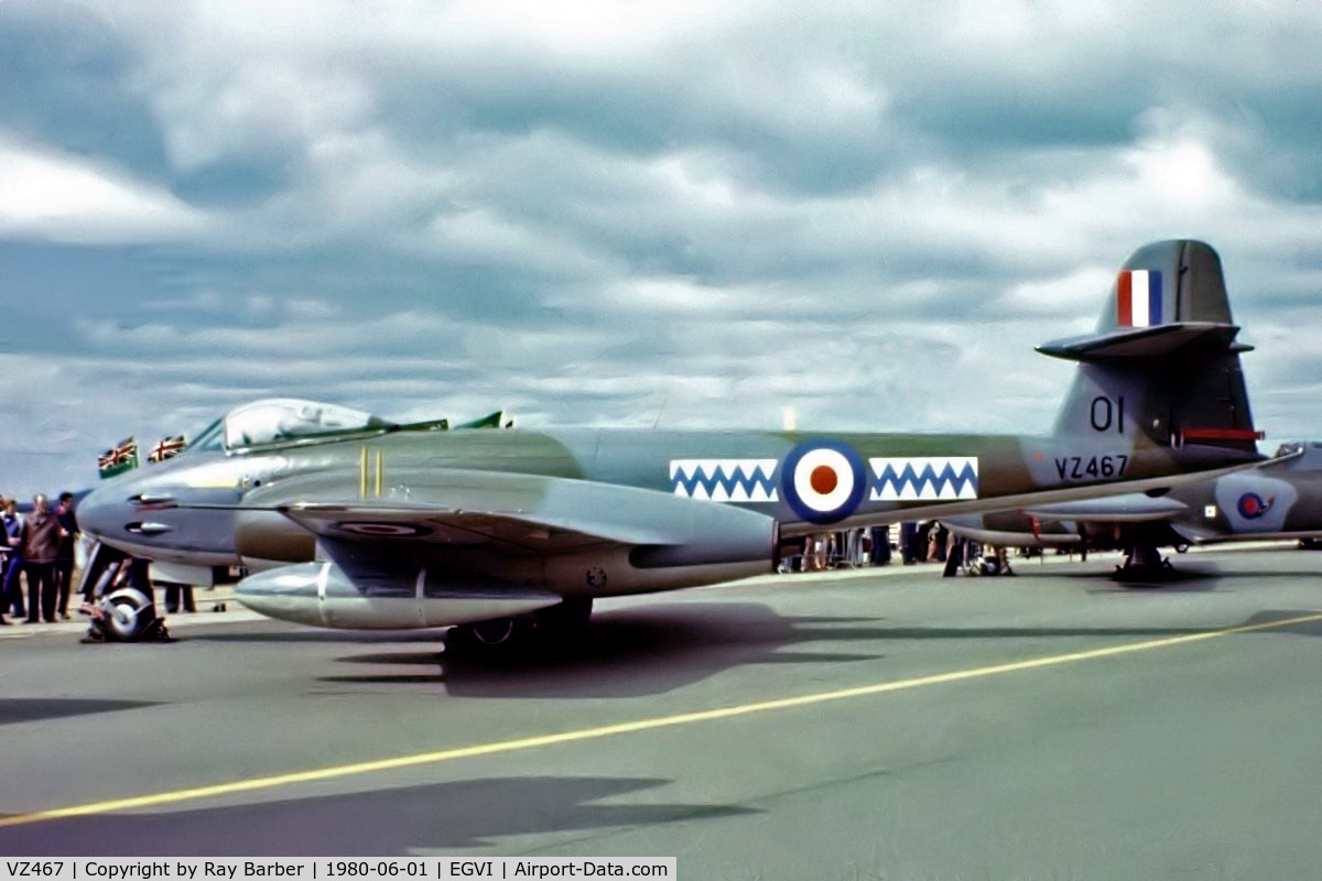 VZ467, 1950 Gloster Meteor F.8 C/N G5/361641, Gloster Meteor F.8 [G5/361641] (Royal Air Force) RAF Greenham Common~G 01/06/1980. From a slide.