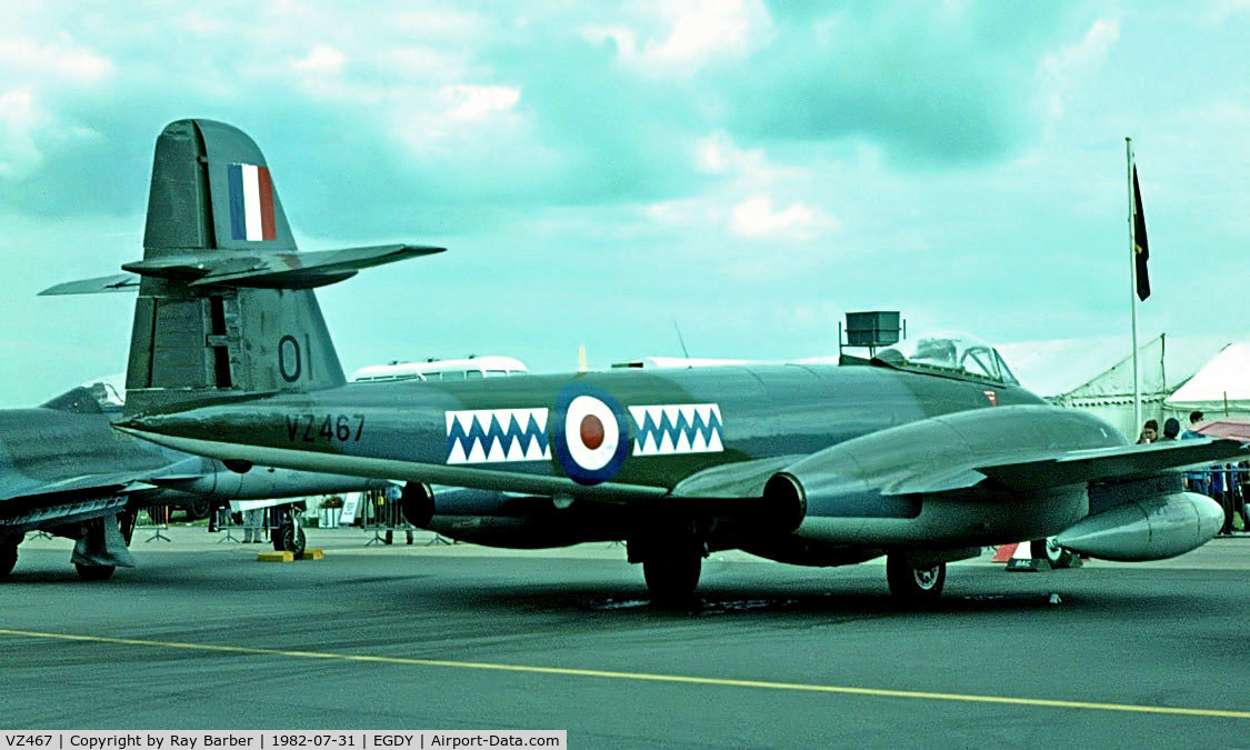 VZ467, 1950 Gloster Meteor F.8 C/N G5/361641, Gloster Meteor F.8 [G5/361641] (Royal Air Force) RNAS Yeovilton~G 31/07/1982. From a slide.