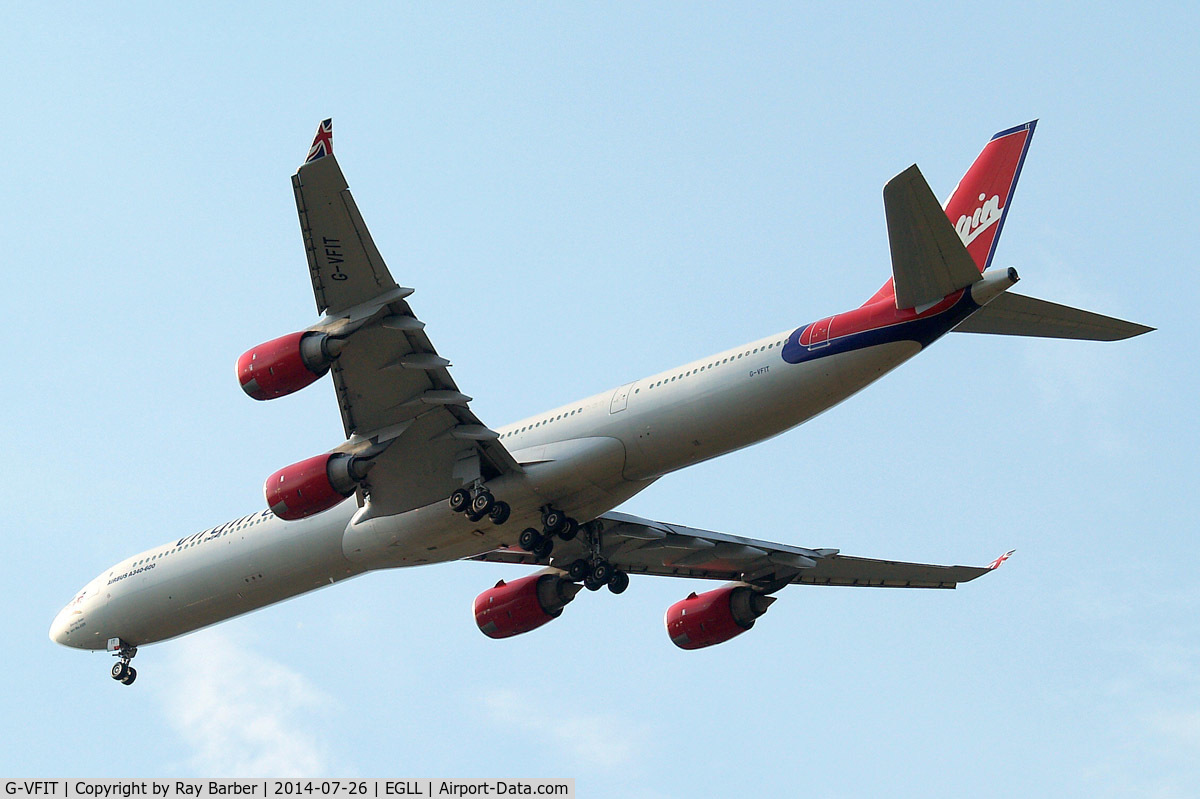 G-VFIT, 2006 Airbus A340-642 C/N 753, Airbus A340-642 [753] (Virgin Atlantic) Home~G 26/07/2014. On approach 27R.