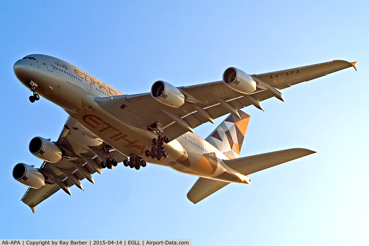 A6-APA, 2014 Airbus A380-861 C/N 166, Airbus A380-861 [166] (Etihad Airways) Home~G 14/04/2015. On approach 27R.