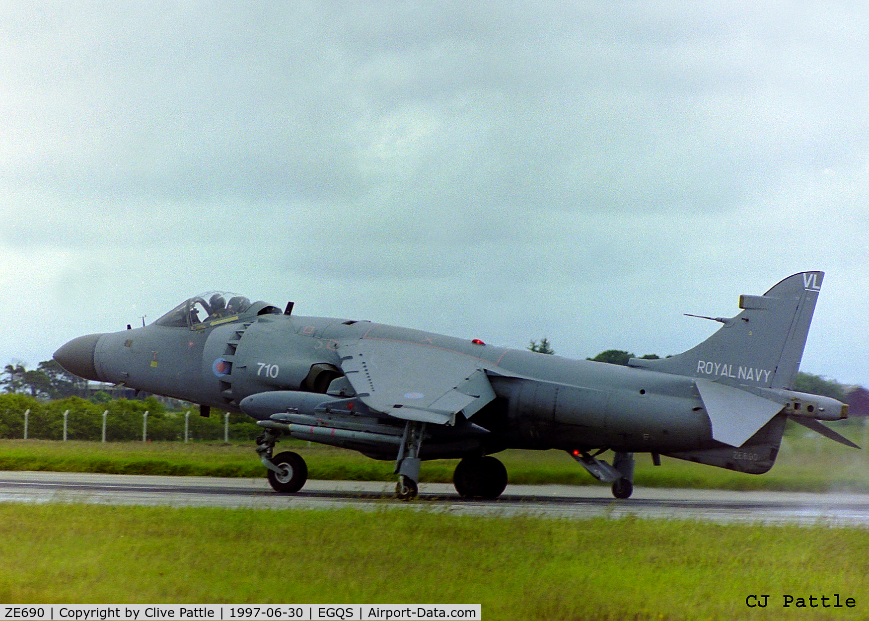 ZE690, British Aerospace Sea Harrier F/A.2 C/N B49/P12, Taxying at RAF Lossiemouth (EGQS) during a TLT (Tactical Leaders Training Course) whilst serving with 899 NAS coded 710-VL