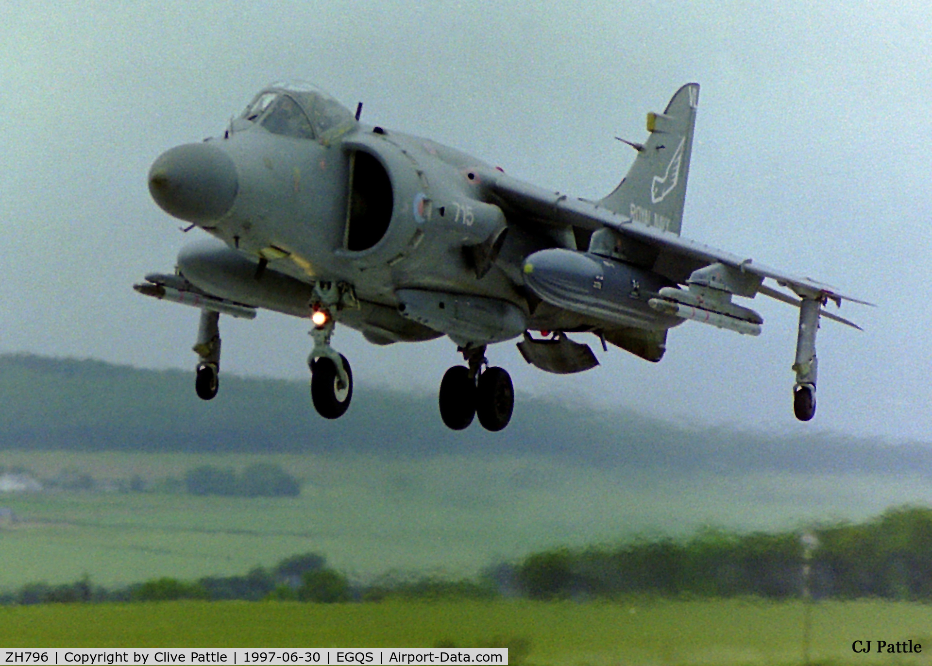 ZH796, 1995 British Aerospace Sea Harrier F/A.2 C/N NB01, Landing at RAF Lossiemouth (EGQS) in June 1997 whilst participating in the bi-annual TLT (Tactical Leaders Training) course, whilst serving with the FAA 899 NAS as 715-VL