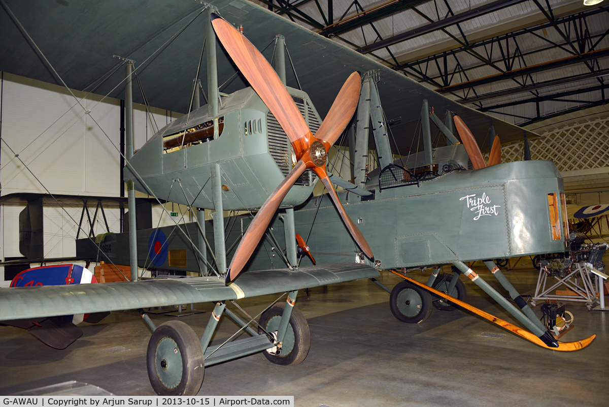 G-AWAU, Vickers FB-27A Vimy (replica) C/N VAFA02, 'Triple First' on display in the Grahame-White Factory at RAF Museum Hendon.