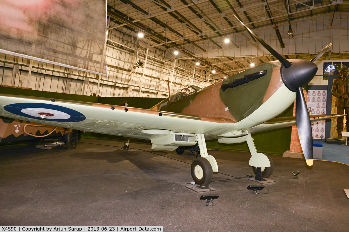 X4590, Supermarine 300 Spitfire Mk1A C/N 6S/81254, Battle of Britain veteran that flew with No. 609 Sqn. RAF. Credited with a half kill for shooting down a Ju-88A-5 on 21 Oct. 1940. On display at RAF Museum Hendon.