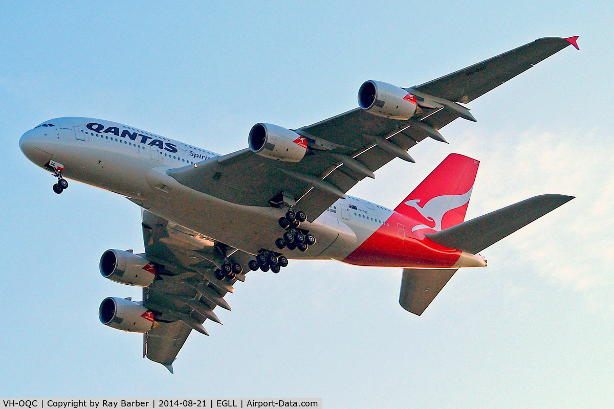VH-OQC, 2008 Airbus A380-842 C/N 022, Airbus A380-841 [022] (QANTAS) Home~G 21/08/2014. On approach 27R.