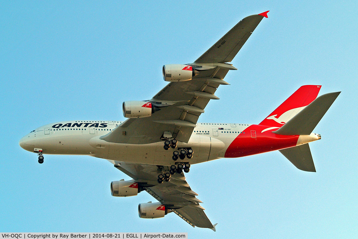 VH-OQC, 2008 Airbus A380-842 C/N 022, Airbus A380-841 [022] (QANTAS) Home~G 21/08/2014. On approach 27R.