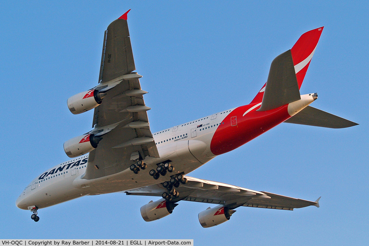 VH-OQC, 2008 Airbus A380-842 C/N 022, Airbus A380-841 [022] (QANTAS) Home~G 21/08/2014. On approach 27R.