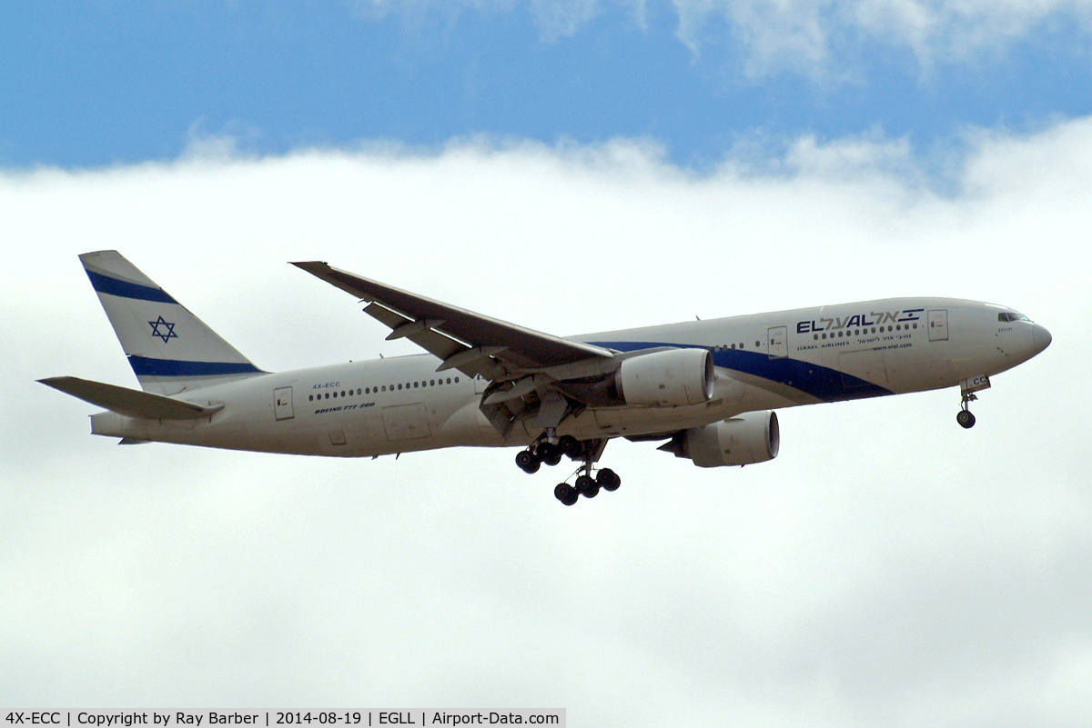 4X-ECC, 2001 Boeing 777-258/ER C/N 30833, Boeing 777-258ER [30833] (El Al-Israel Airlines) Home~G 19/08/2014. On approach 27L.