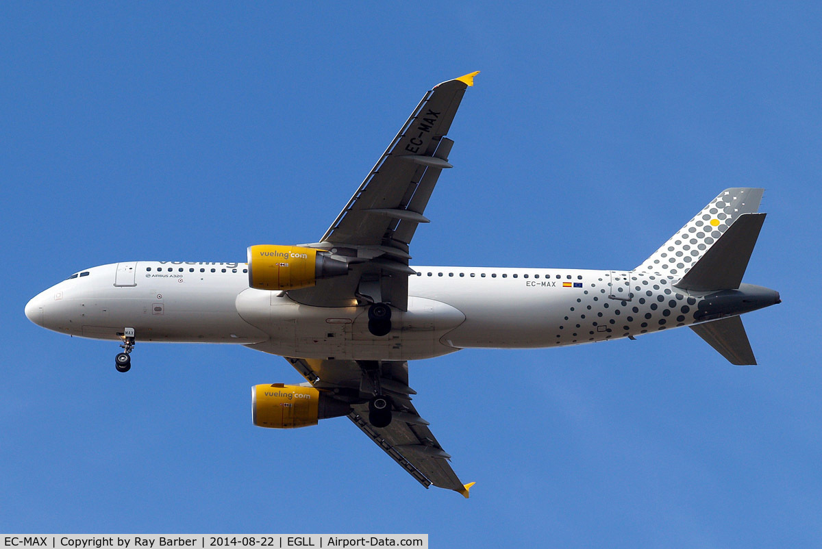 EC-MAX, 2010 Airbus A320-214 C/N 4478, Airbus A320-214 [4478] (Vueling Airlines) Home~G 22/08/2014. On approach 27R.