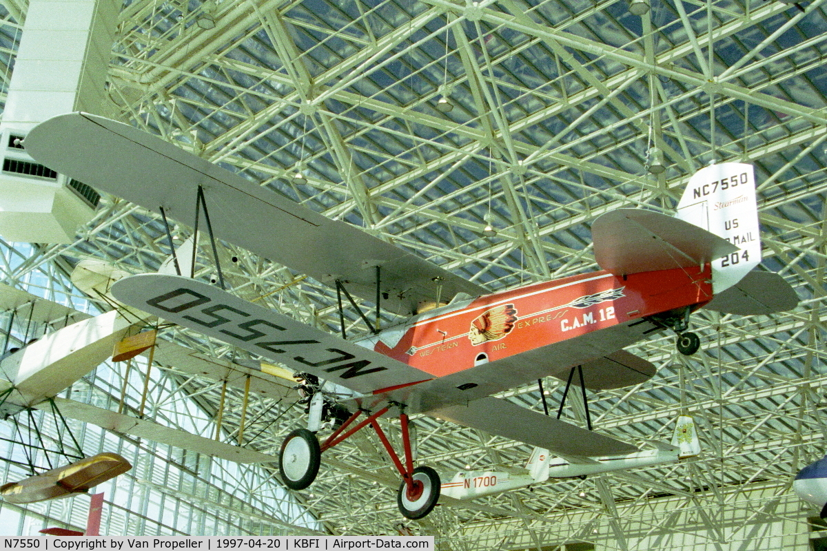 N7550, Stearman C3-B Sport Commercial C/N 53032/1820, Stearman C3B in the Museum of Flight, Boeing Field, Seattle, 1997.