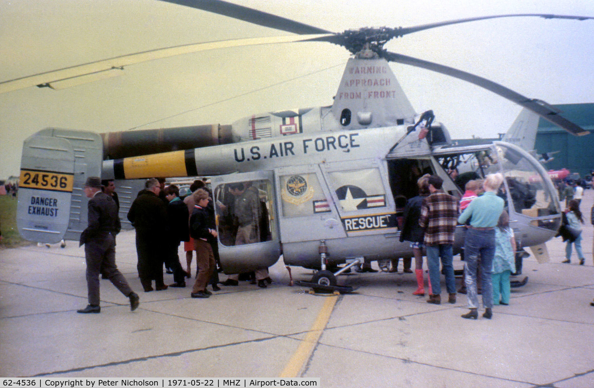 62-4536, 1962 Kaman HH-43B Huskie C/N 162, HH-43B Huskie of Detachment 3 40th Air Rescue & Recovery Wing based at RAF Lakenheath on display at the 1971 RAF Mildenhall Air Fete.