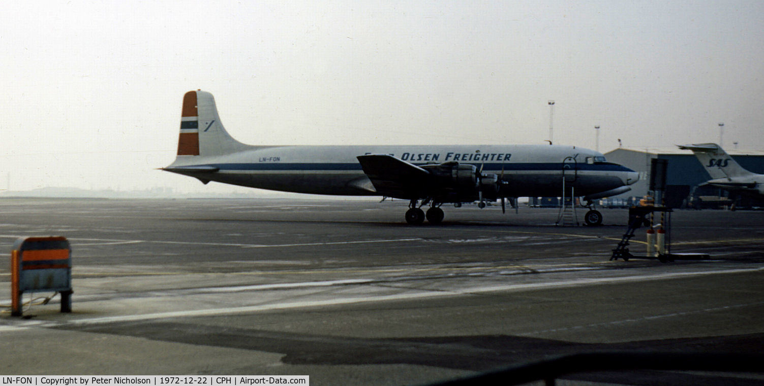 LN-FON, 1958 Douglas DC-6A C/N 45521, Douglas DC-6A of Fred Olsen Air Transport as seen at Kastrup in December 1972.