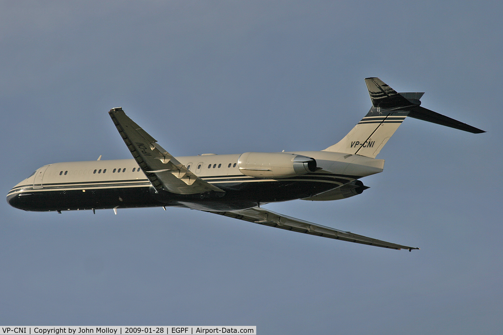 VP-CNI, 1989 McDonnell Douglas MD-87 (DC-9-87) C/N 49767, Departing Glasgow at 2130 hrs.