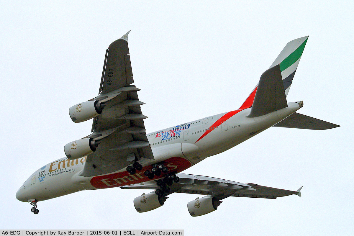 A6-EDG, 2009 Airbus A380-861 C/N 023, Airbus A380-861 [023] (Emirates Airlines) Home~G 01/06/2015 .On approach 27R now wearing 