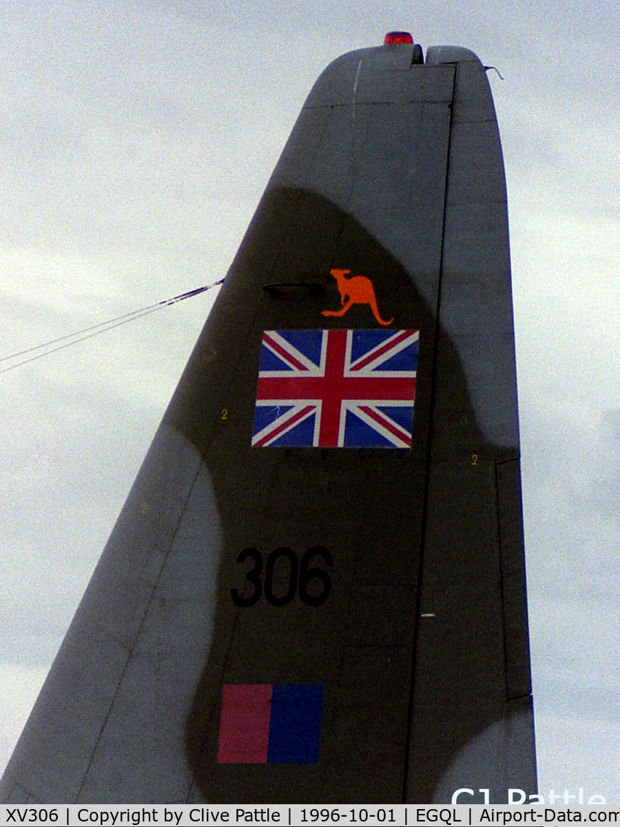 XV306, 1967 Lockheed C-130K Hercules C.1 C/N 382-4274, Pictured at RAF Leuchars  EGQL - a close-up of the tail with the Union Flag and kangaroo 'zap' following an obvious recent trip 'Down Under'.