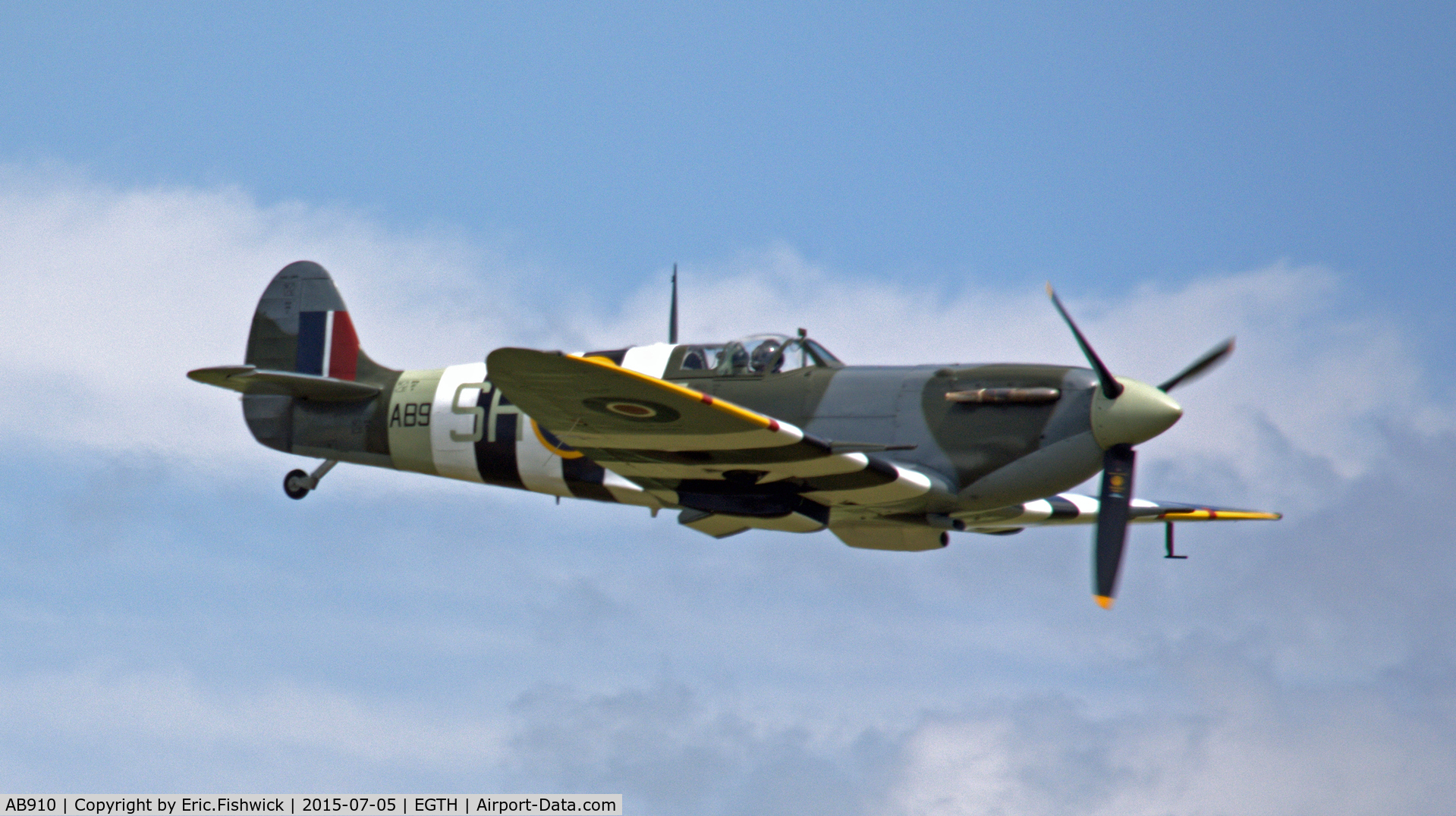 AB910, Supermarine 349 Spitfire LF.Vb C/N CBAF.1061, 42. AB910 (B.B.M.F.) in superb display mode at the Shuttleworth Military Pagent Airshow, July 2015.