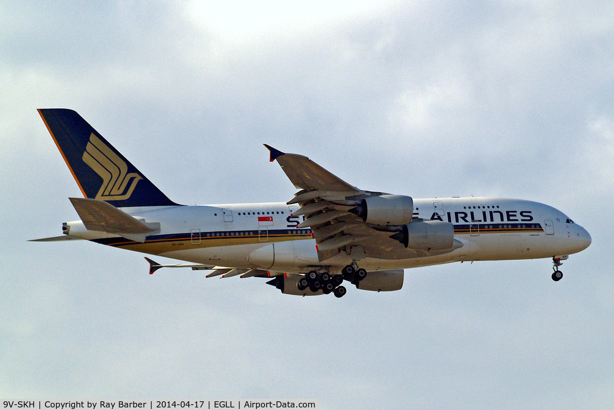 9V-SKH, 2008 Airbus A380-841 C/N 021, Airbus A380-841 [021] (Singapore Airlines) Home~G 17/04/2014. On approach 27L.