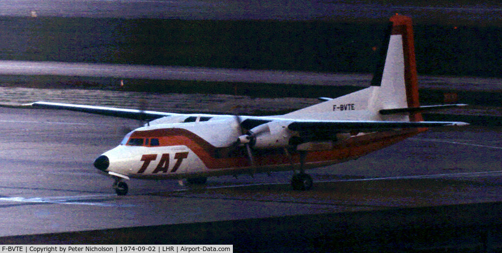 F-BVTE, 1963 Fokker F-27-200 Friendship C/N 10230, F-27-200 Friendship of Touraine Air Transport as seen at Heathrow in September 1974.