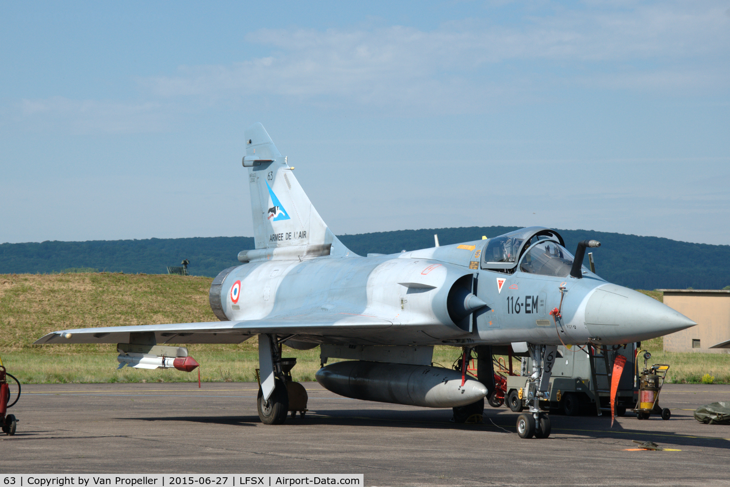 63, Dassault Mirage 2000-5F C/N 281, Dassault Mirage 2000-5F fighter of the French Air Force on the flightline of Luxeuil Air Base.