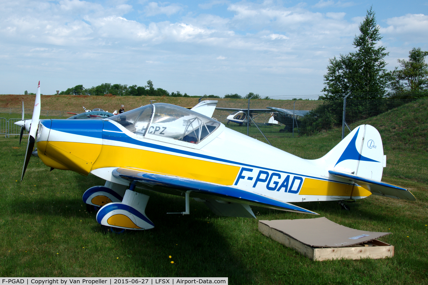 F-PGAD, SIPA 903 C/N 40, Nice looking SIPA S.903 small light aircraft parked at Luxeuil Air Base for Air meeting 2015. The box in which it came is next to it.