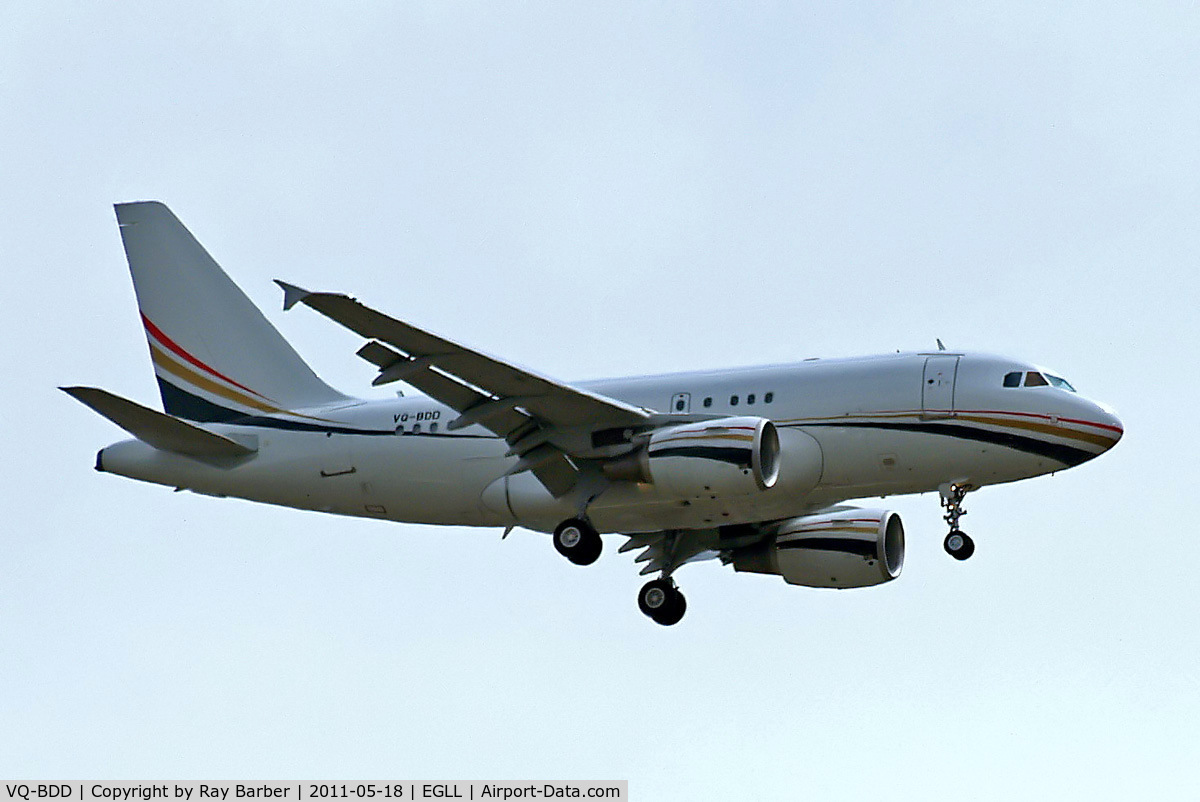 VQ-BDD, 2008 Airbus A318-112 C/N 3751, Airbus A318-112CJ Elite [3751] (Royal Flight of Jordan) Home~G 18/05/2011. On approach 27L.