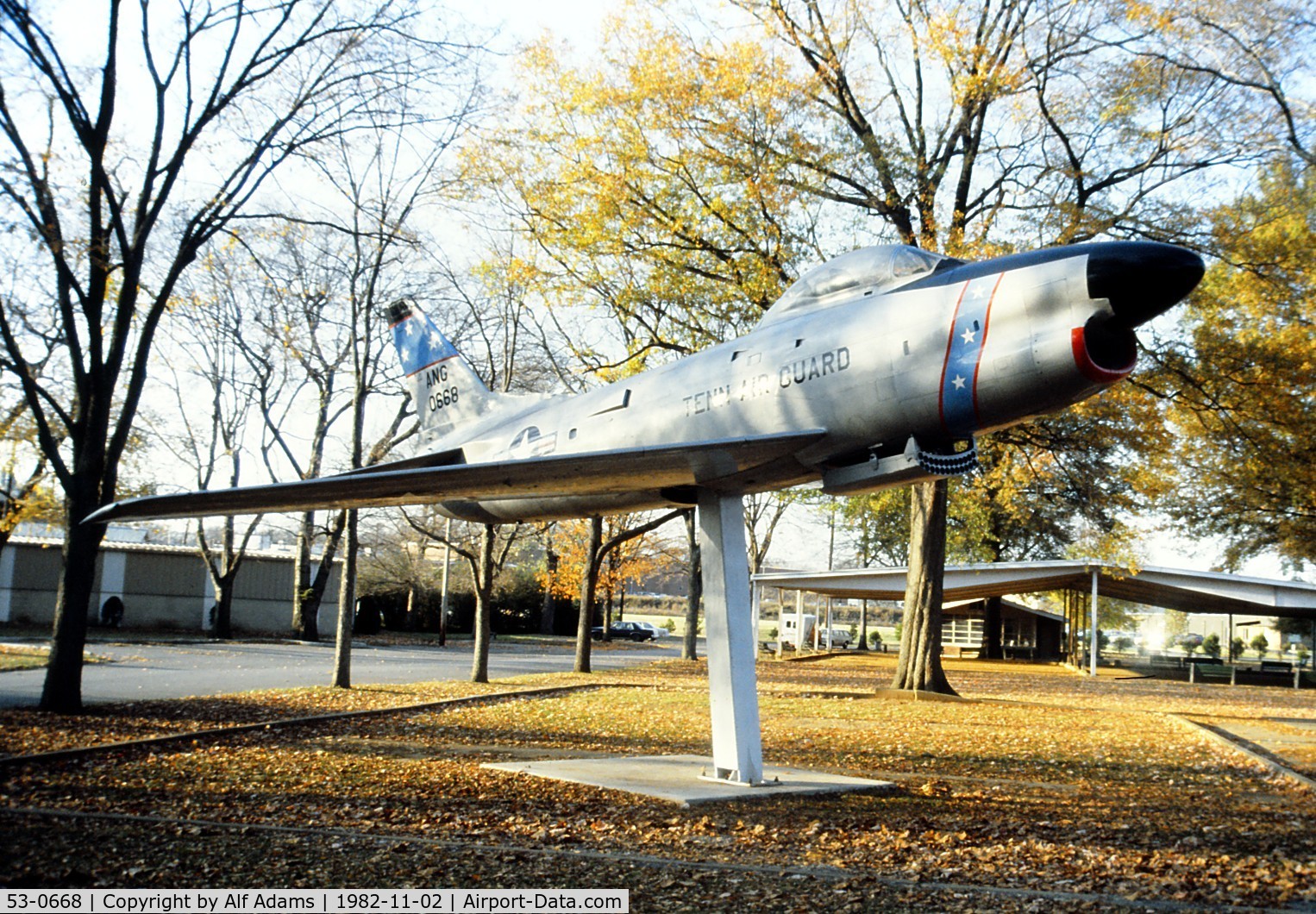 53-0668, 1953 North American F-86L Sabre C/N 201-112, Shown displayed on a pedestal in Centennial Park, Nashville Tennessee Nov 1982.