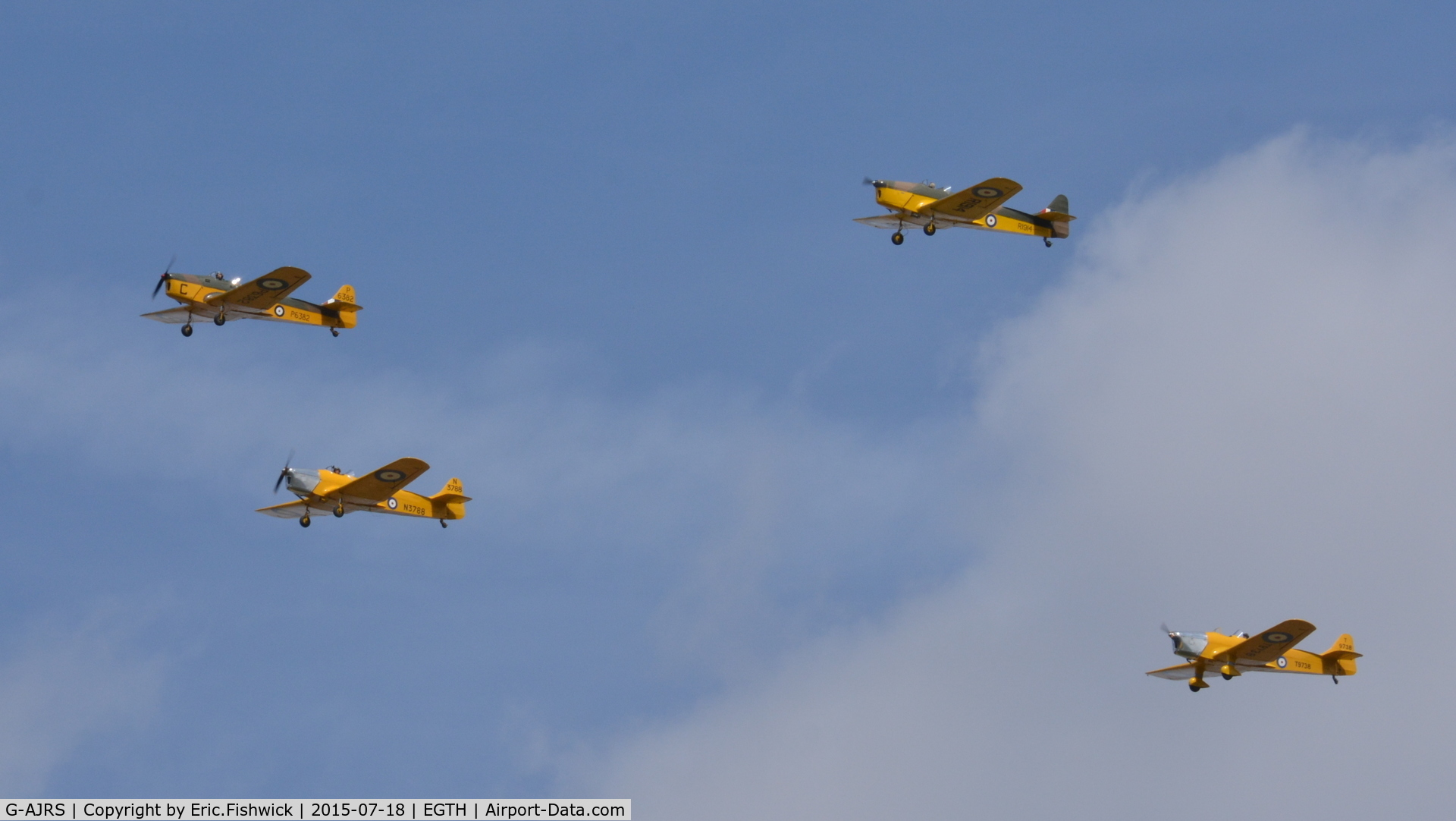 G-AJRS, 1939 Miles M14A Magister C/N 1750, 45. P-6382 leading the four Miles trainers at Shuttleworth Best of British Airshow, July 2015