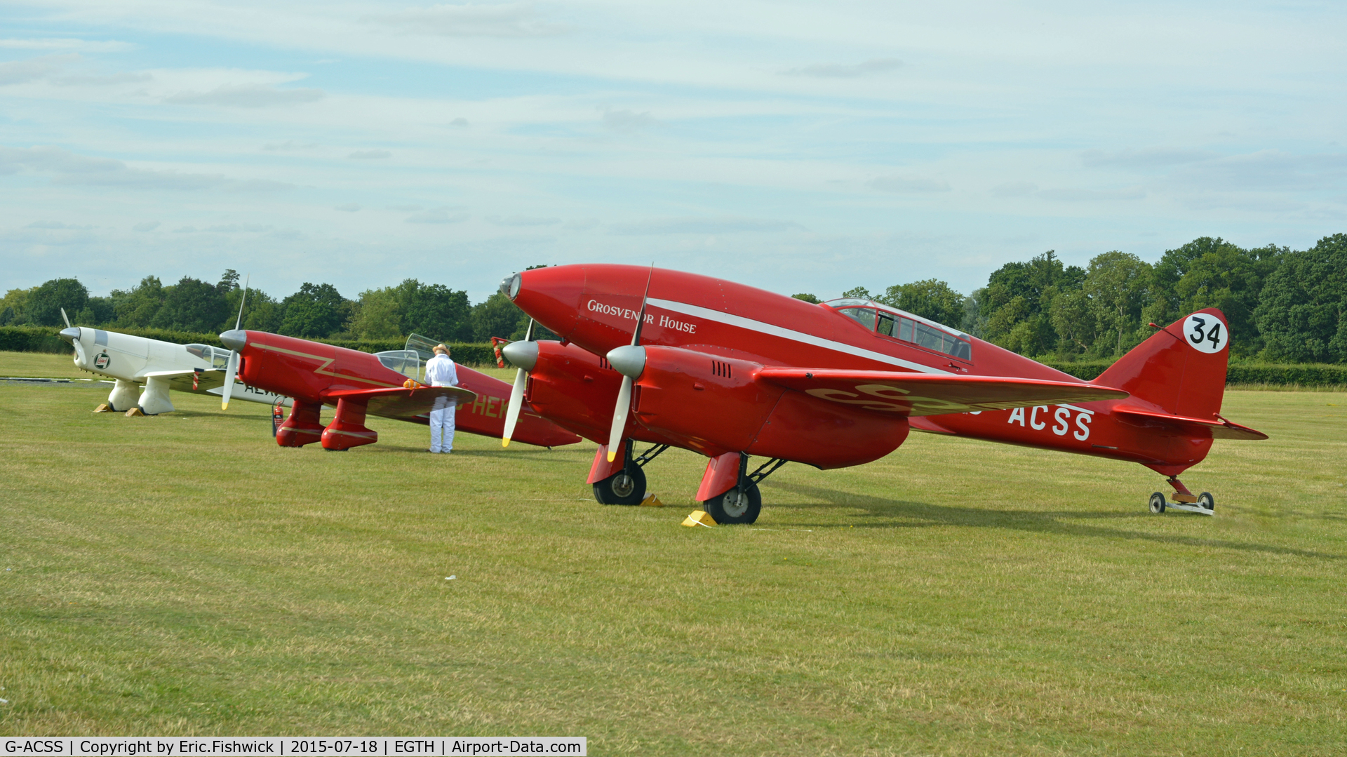 G-ACSS, 1934 De Havilland DH-88 Comet C/N 1996, 5. Iconic 'Grosvenor House' with the racing Mew Gulls at Shuttleworth Best of British Airshow, July 2015.