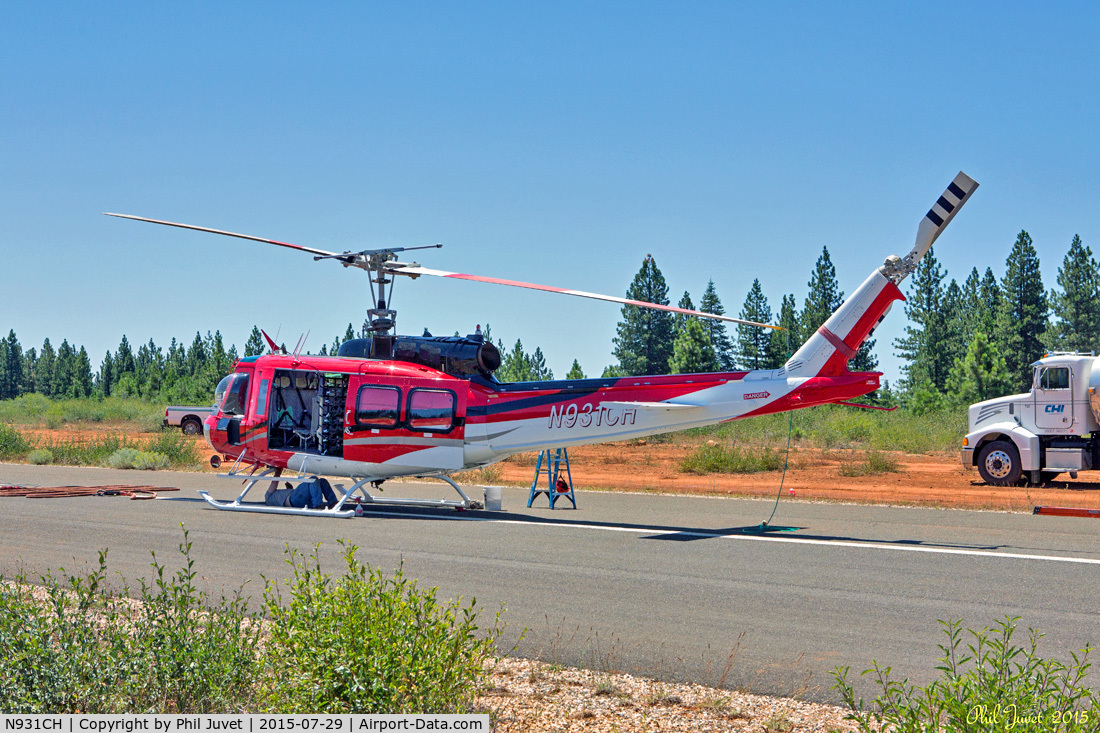 N931CH, 1972 Bell 205A-1 C/N 30110, Parked on runway at Blue Canyon Airport, CA, during Lowell Fire.