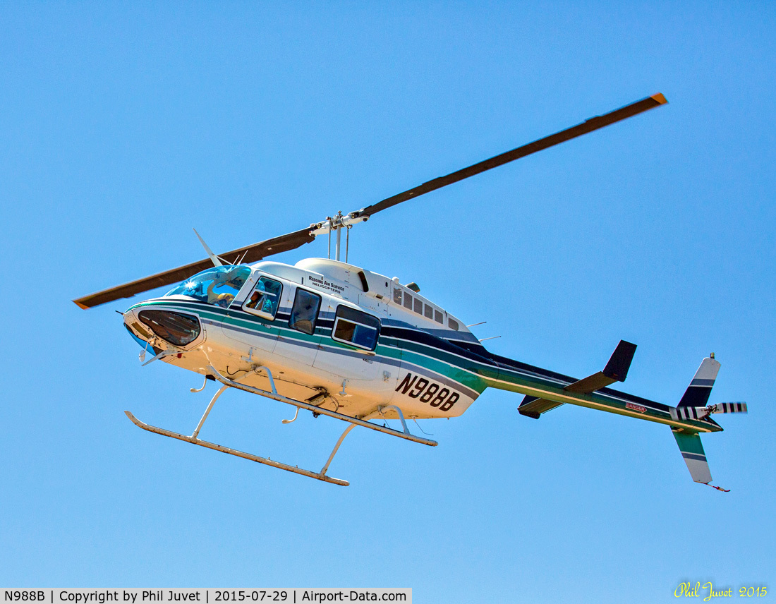 N988B, 2005 Bell 206L-4 LongRanger LongRanger C/N 52304, Used by USFS during Lowell Fire near Alta, CA, to transport personnel.
Seen here landing at Blue Canyon Airport, CA.