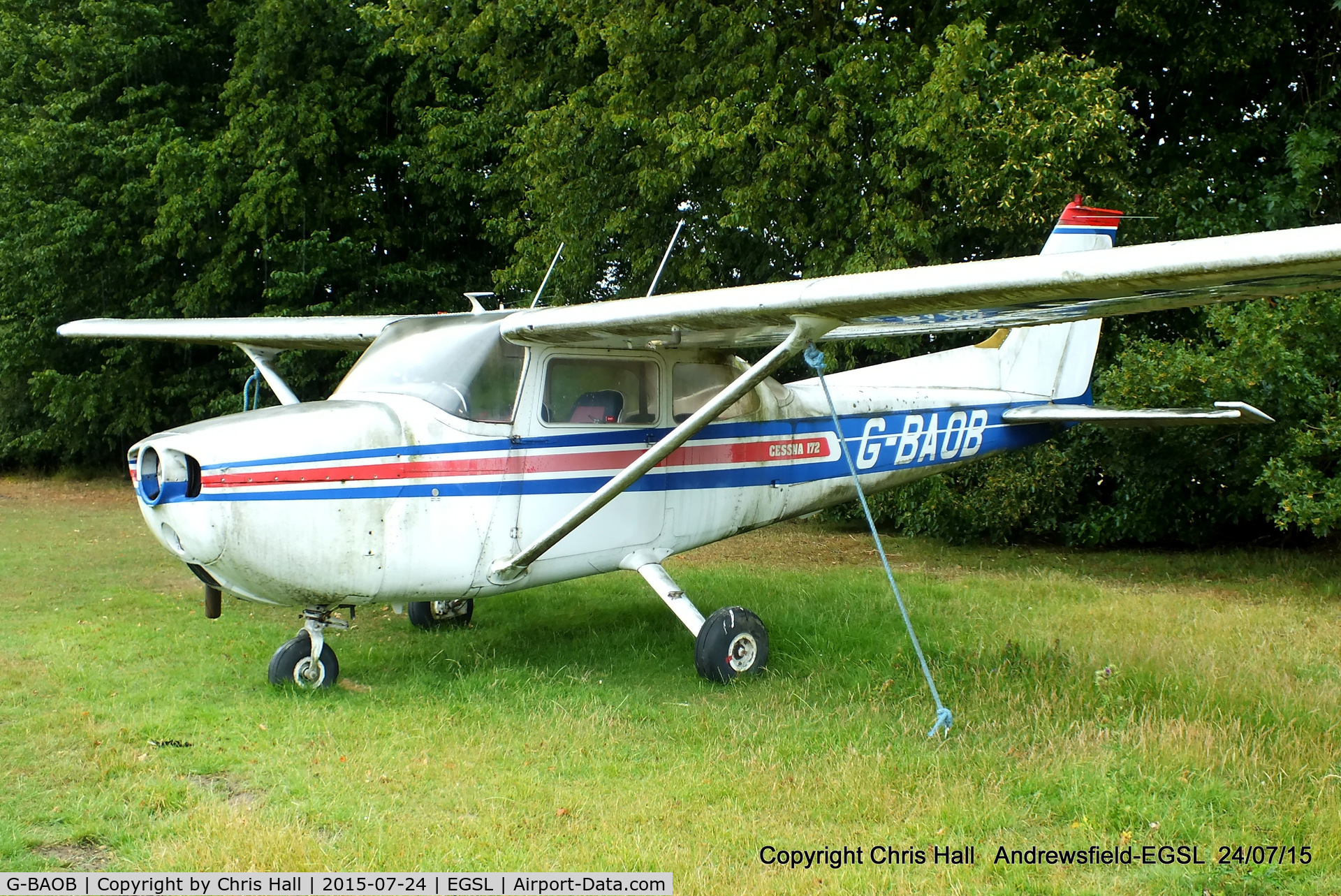 G-BAOB, 1973 Reims F172M Skyhawk Skyhawk C/N 0949, parked in a corner at Andrewsfield, deregistered in 2010