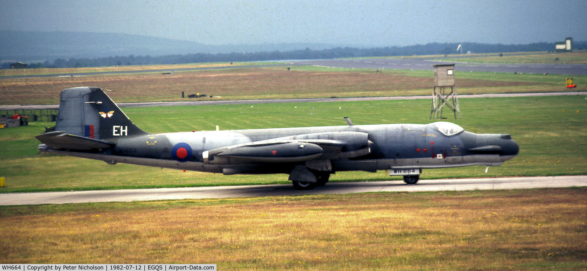 WH664, 1952 English Electric Canberra T.17 C/N EEP71136, Canberra T.17 of 360 Squadron at RAF Wyton preparing to join the active runway at RAF Lossiemouth in the Summer of 1982.