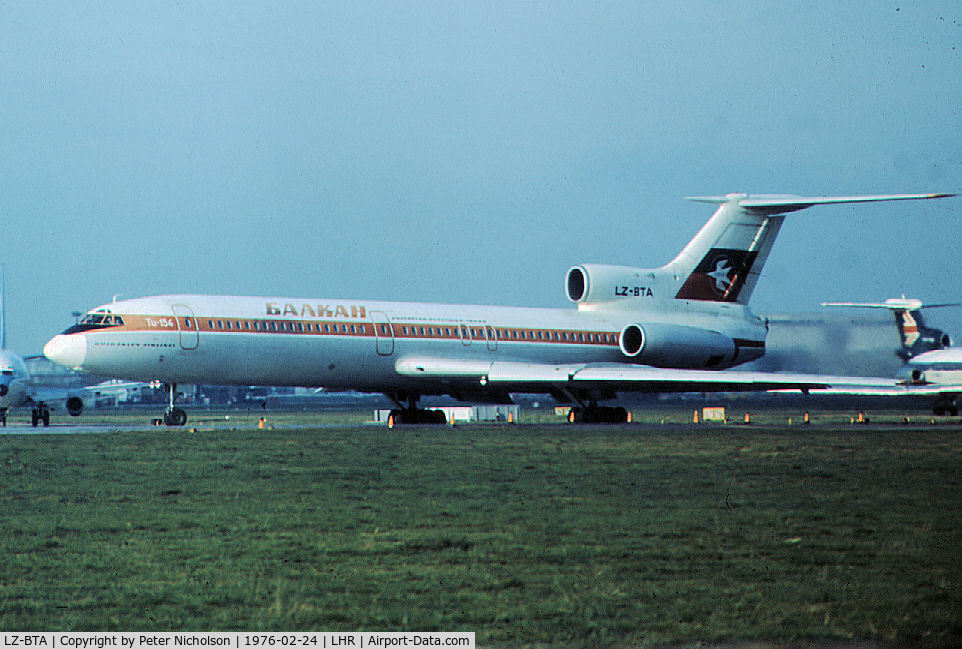 LZ-BTA, 1972 Tupolev Tu-154A C/N 72A026, Tupolev Tu-154A of Balkan Bulgarian Airlines as seen at Heathrow in the Spring of 1976.