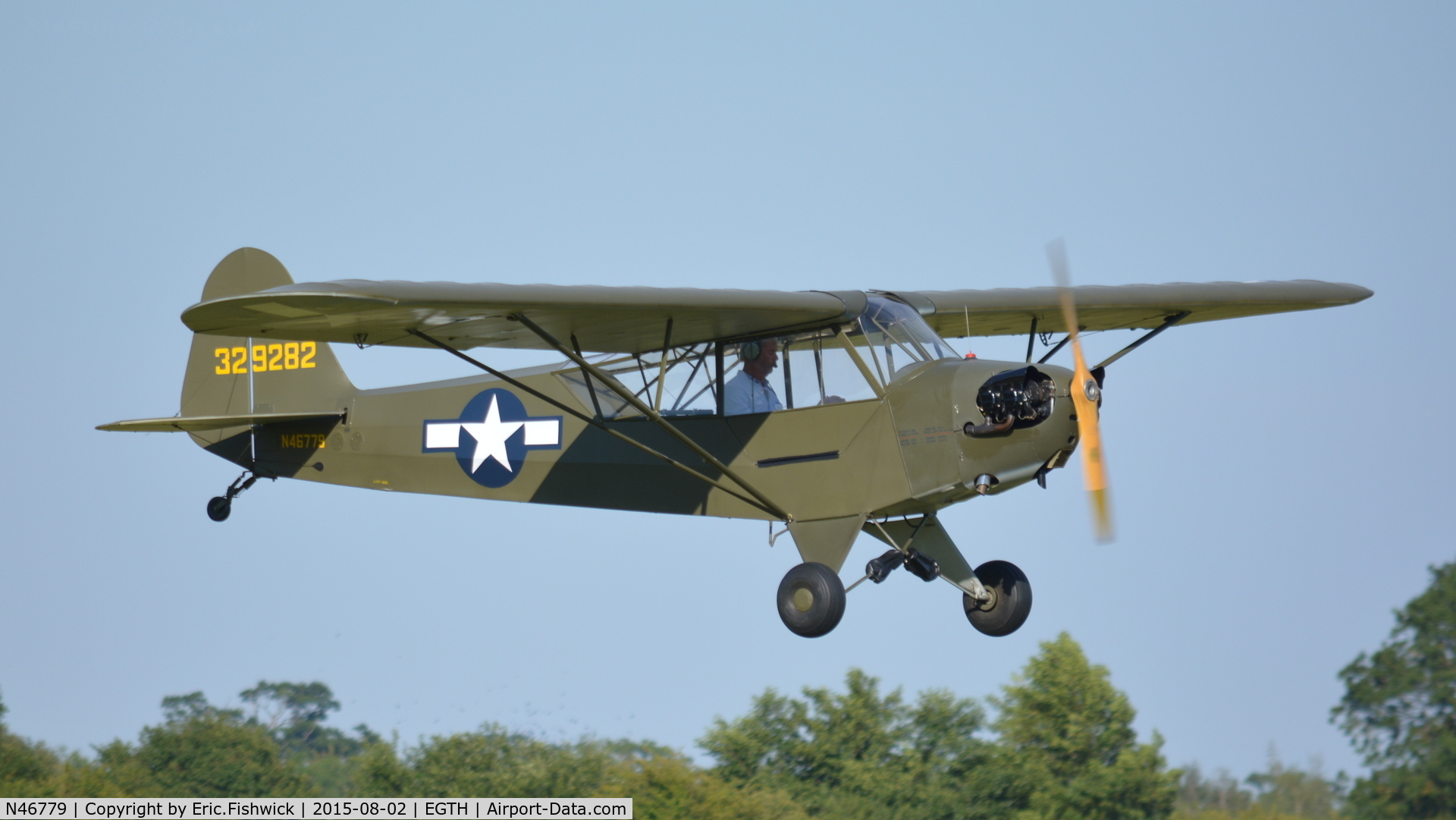 N46779, Piper J3C-65 Cub Cub C/N 10573, 43. 329282 departing The Shuttleworth Wings and Wheels Airshow, Aug. 2015.